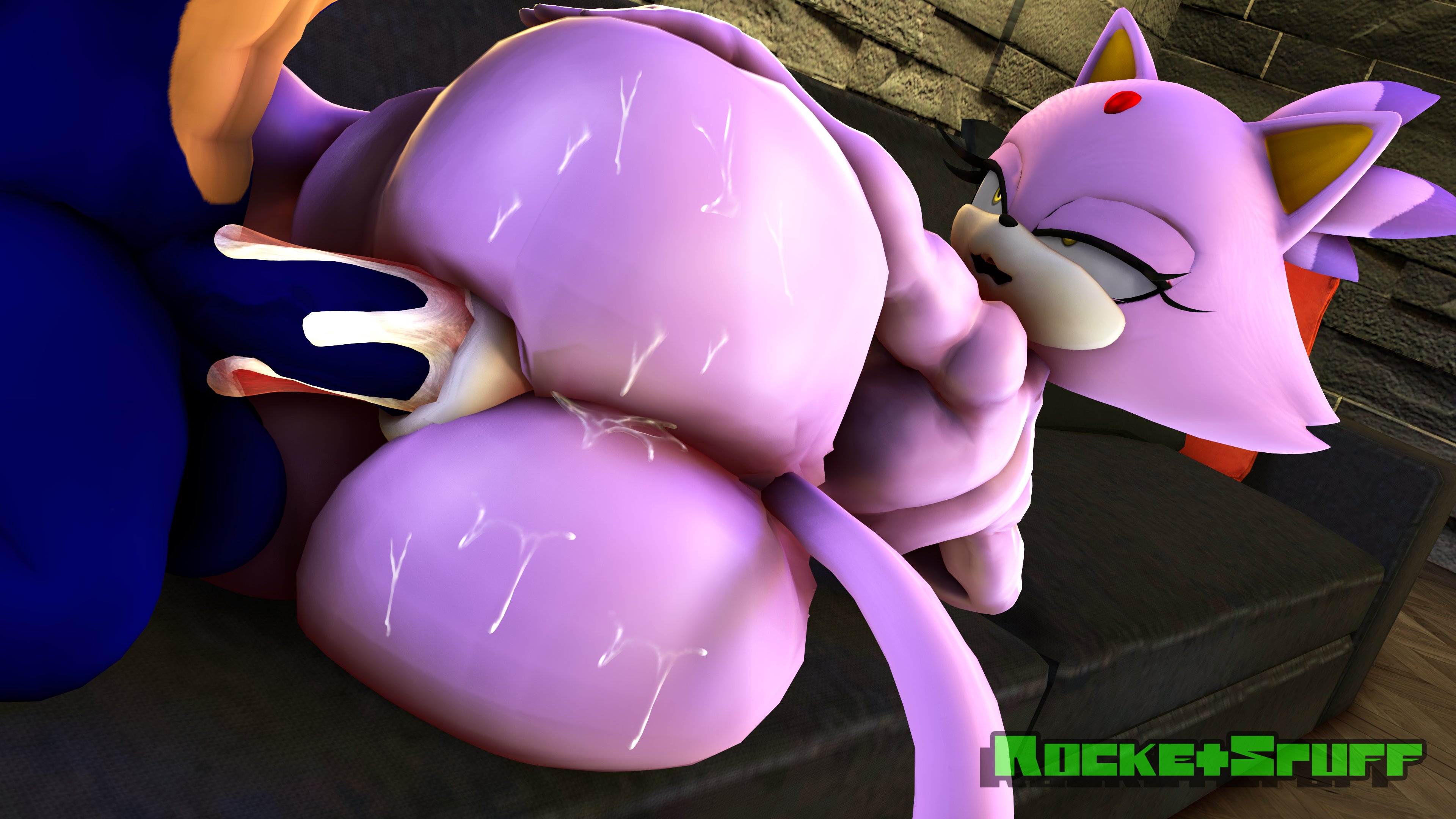 1boy, 1boys, 1girls, 3d, 3d (artwork), anal, anal sex, anthro, ass, ass focus, blaze the cat, cat ears, cat girl, cat tail, couch, cum, cum in ass, duo, eyes half open, fat ass, female, furry, interspecies, male, open mouth, penis, rocketspuff, sega, sonic (series), sonic the hedgehog, sonic the hedgehog (series), sweating, sweating female, sweaty