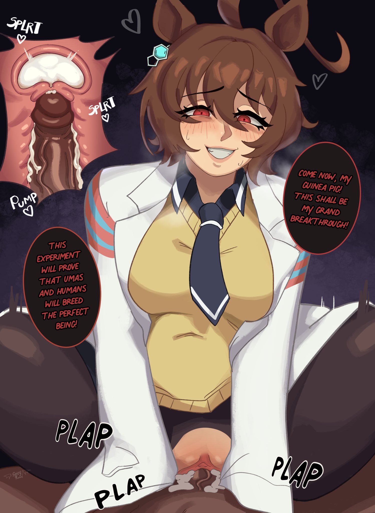 1boy, 1girls, agnes tachyon (umamusume), big penis, brown eyes, brown hair, cervical contact, clitoris, cum, cum in pussy, cum inside, dark skin, dark-skinned male, female, impregnation, light skin, light-skinned female, male, penis, pov, pussy, sex, spicyramen (ramieramen1), straight, text, trainer (umamusume), umamusume, umamusume pretty derby, uncensored