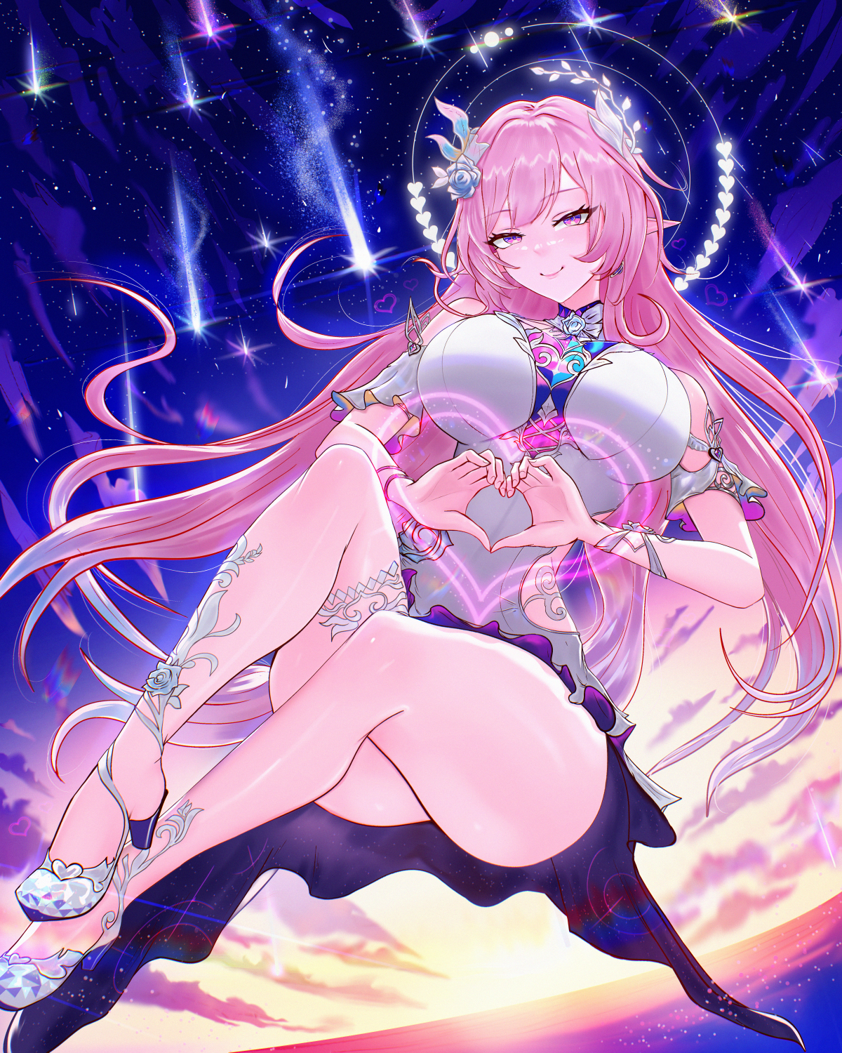 breasts, commentary, cyrene (honkai: star rail), cyrene (ripples of past reverie) (honkai: star rail), demiurge (honkai: star rail), diamond (shape), diamond-shaped pupils, dress, female, flower, hair flower, hair ornament, halo, heart, heart hands, high heels, highres, honkai (series), honkai: star rail, large breasts, long hair, looking at viewer, mcdobo, night, night sky, pink hair, pointy ears, purple eyes, shooting star, sky, smile, solo, symbol-shaped pupils, thighs, very long hair, white dress