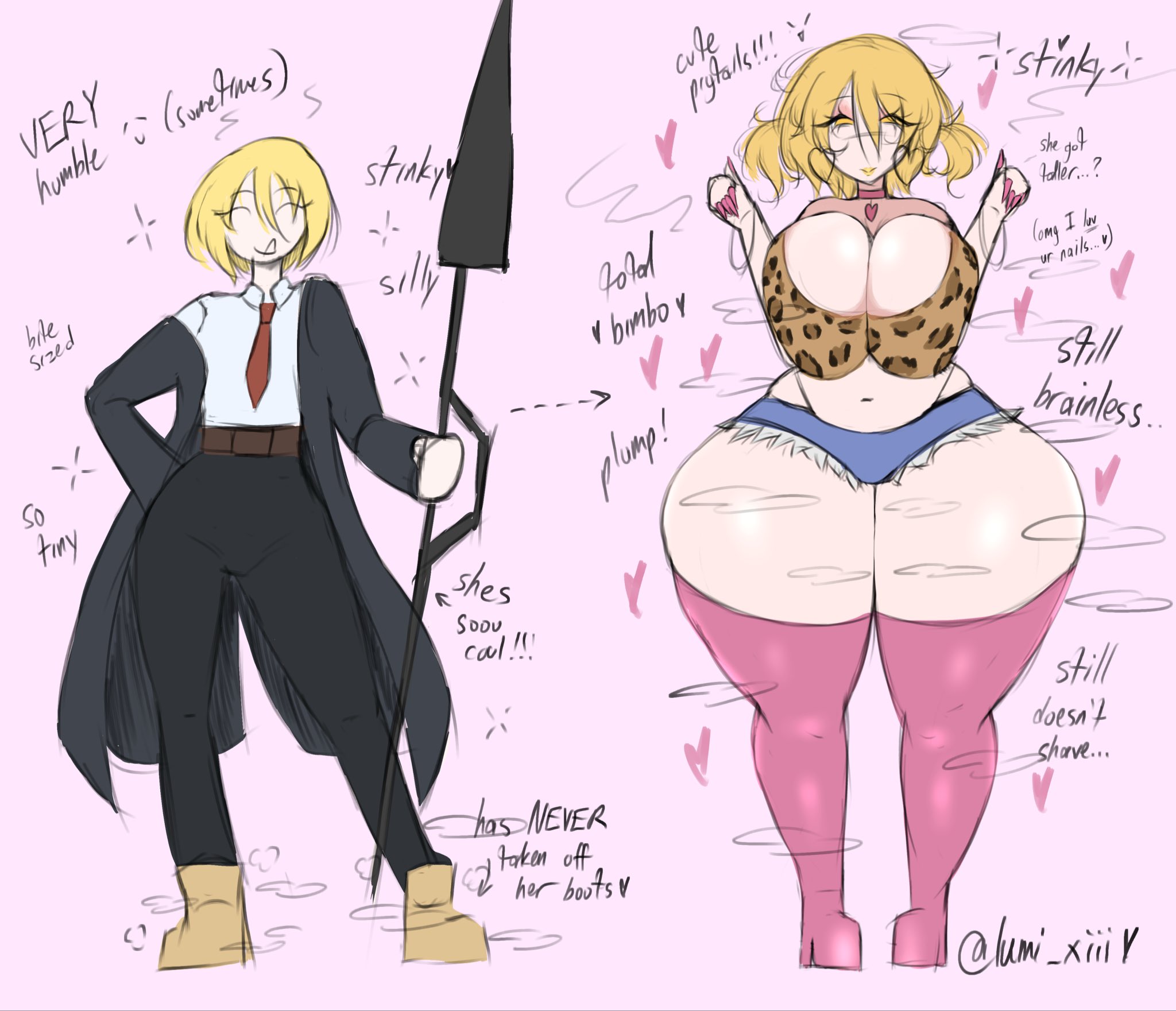1girls, before and after, bimbo, bimbofication, bimbofication sequence, boots, breasts, choker, don quixote (limbus company), female, female only, gigantic breasts, golden lipstick, gyaru, hearts, huge breasts, hyper, limbus company, lumi xiii, nail polish, pink nail polish, project moon, revealing clothes, silly, sketch, standing, text, thong, transformation, transformation sequence, yellow lipstick