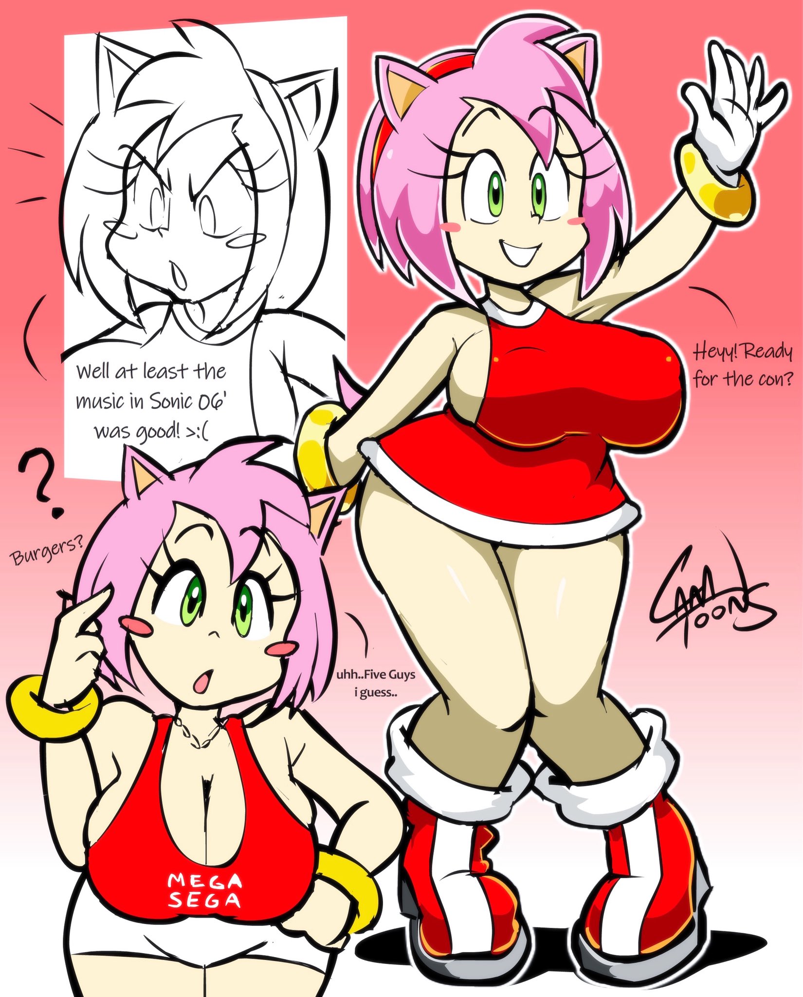 1girls, 2d, 2d (artwork), 2d artwork, adorable, adorasexy, amy rose, amy rose (cosplay), bob cut, boots, bracelets, busty, camtoons, clothed, clothed female, clothing, collar, curvaceous, curvaceous figure, curvy, curvy female, curvy figure, curvy hips, cute, diadem, dialogue, english text, eyelashes, female, gloves, green eyes, huge ass, huge breasts, huge butt, huge thighs, human female, human version, pink hair, red dress, red shirt, rosy cheeks, sega, shorts, smile, smiling at viewer, sonic (series), sonic the hedgehog (series), stacked, tagme, thick hips, thick thighs, wide hips, wide thighs