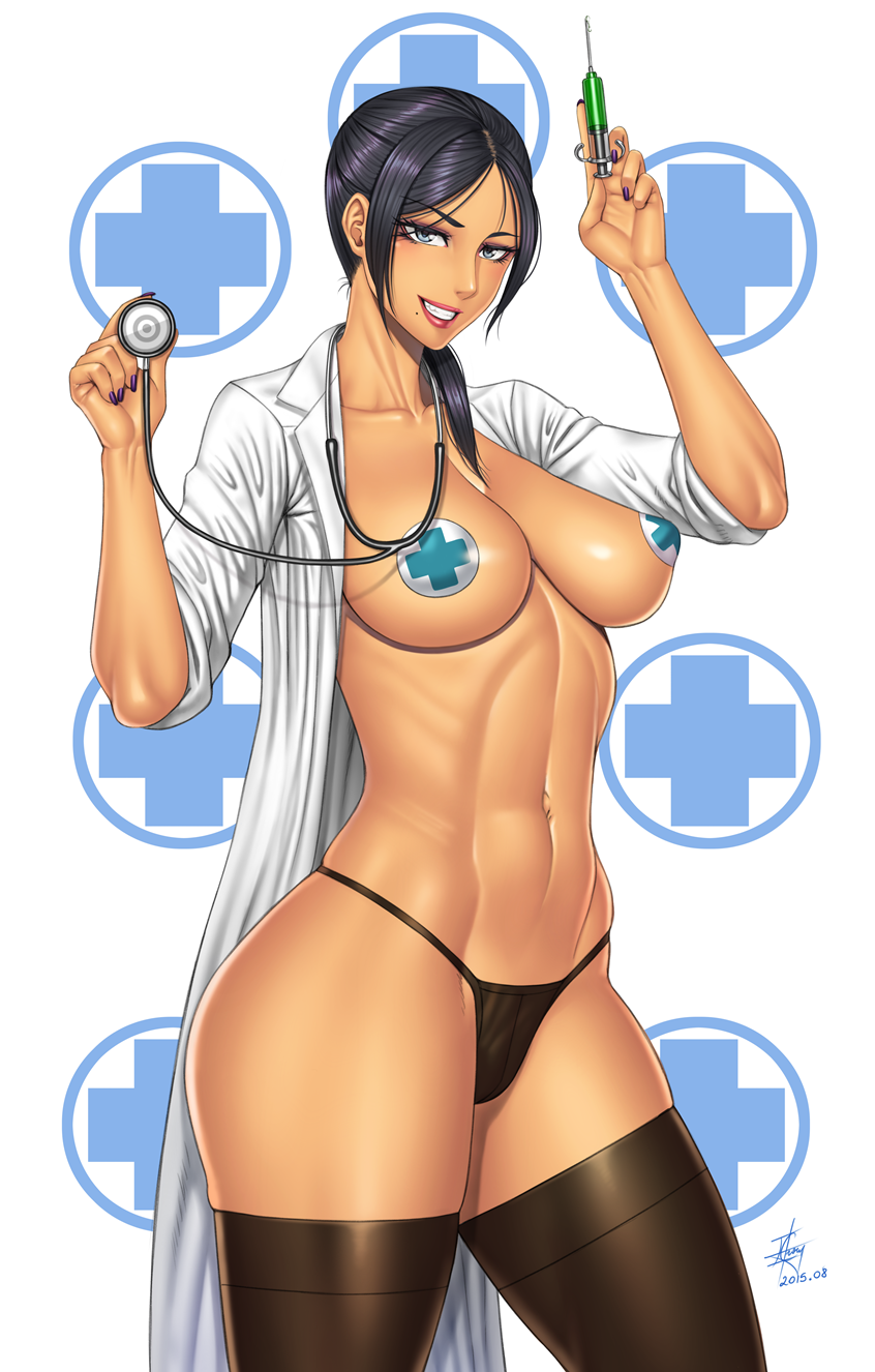 1girls big_breasts black_hair blue_eyes breasts cleavage covered_nipples doctor ero-chong female female_only labcoat long_hair navel needle nurse original panties pasties ponytail simple_background solo stethoscope thighhighs toned