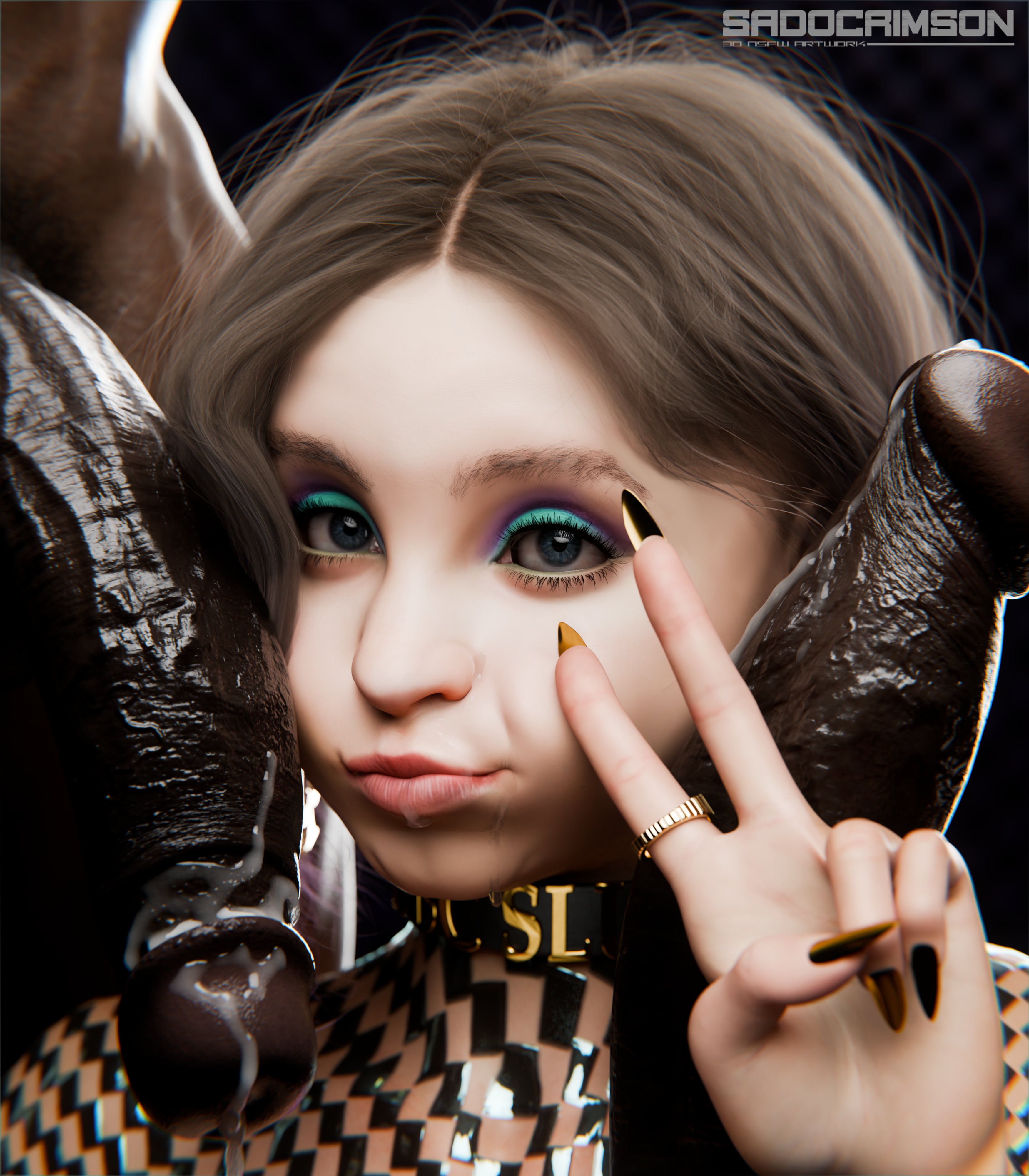 1girls, 2boys, 3d, artist name, big penis, blonde hair, cock, dark skin, dark-skinned male, emma myers, enid sinclair, facial tattoo, female, female focus, freckles, gold nail polish, group, huge cock, interracial, light skin, light-skinned female, long fingernails, long nails, male, male/female, metallic nail polish, mmf threesome, multiple penises, netflix, one eye closed, penis, penis on face, sadocrimson3d, straight, the addams family, threesome, unseen male face, watermark, wednesday (netflix)