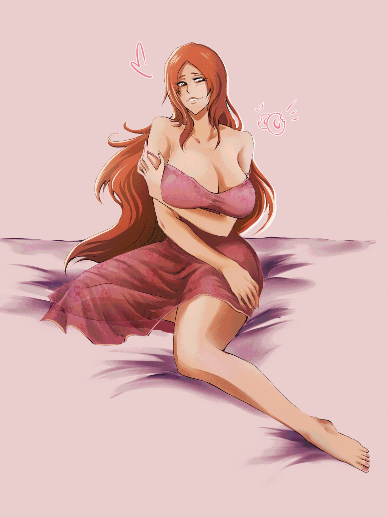 1girls, arm under breasts, bare shoulders, barefoot, big breasts, bleach, breasts, brown eyes, collarbone, female, female focus, female only, highres, huge breasts, inoue orihime, large breasts, light-skinned female, long hair, nightgown, orange hair, parted lips, simple background, sitting, solo, teeth, thighs, veeepawoon