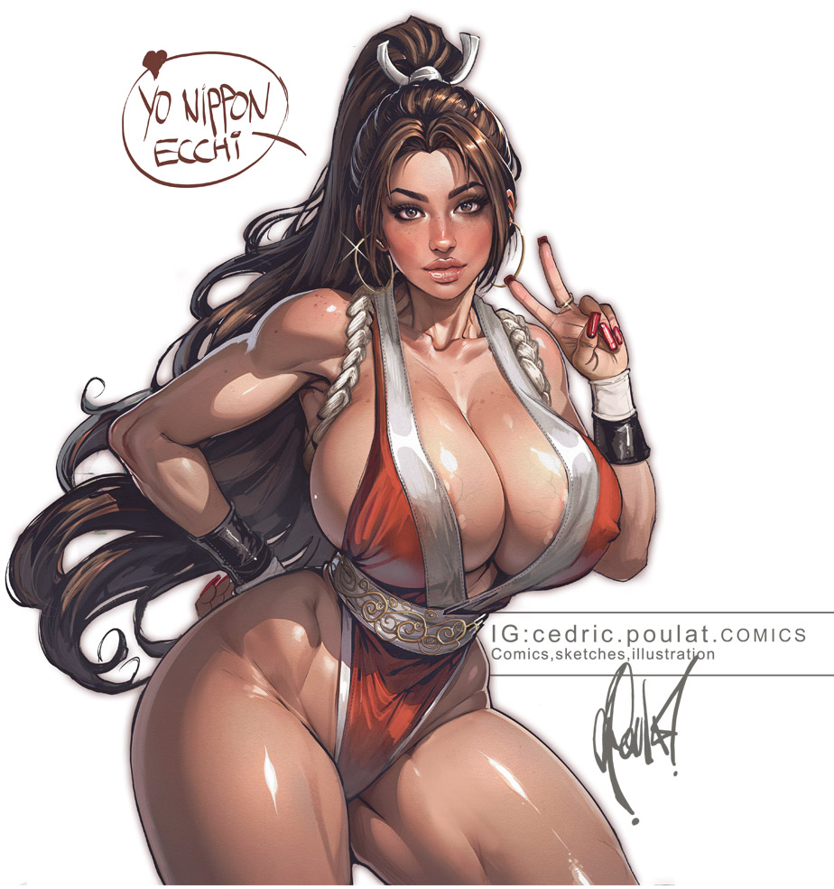 breast_veins breasts cedric_poulat cleavage cleavage_overflow curvy huge_breasts king_of_fighters lips long_hair mai_shiranui muscular muscular_legs nipple_bulge peace_sign