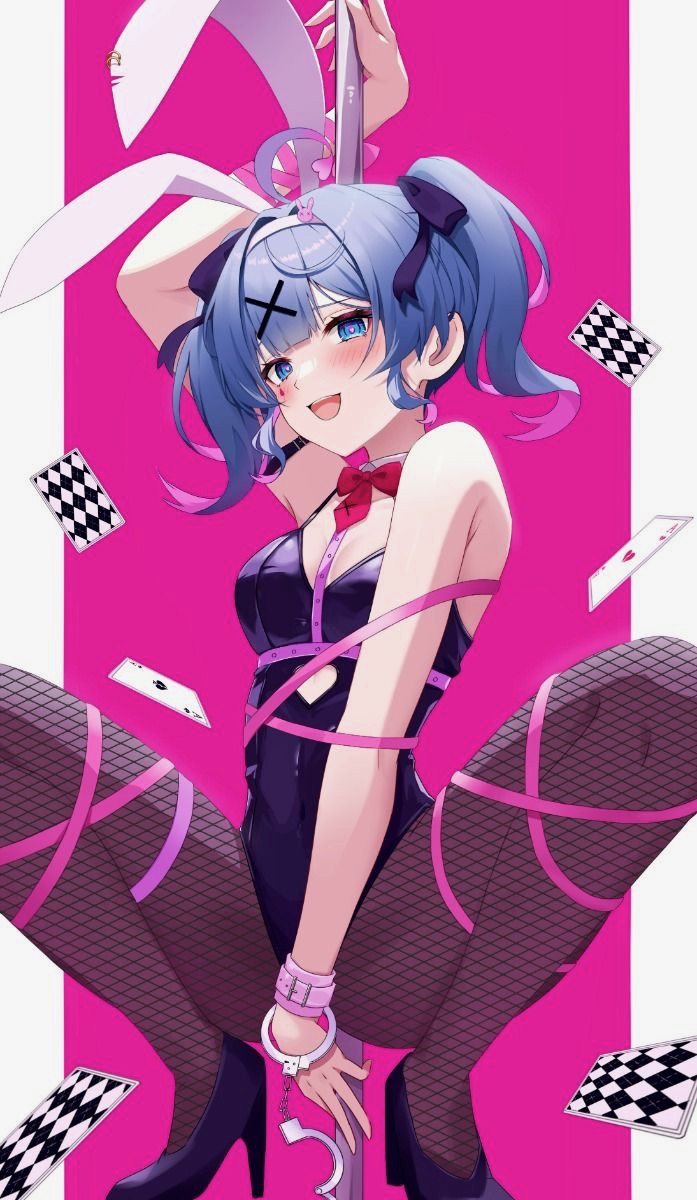 1girl, ahoge, animal ears, bangs, black leotard, blue eyes, blue hair, blush, bound, bow, bowtie, breasts, bunny ears, bunny girl, bunnysuit, card, cuffs, detached collar, fake animal ears, female, fishnet pantyhose, fishnets, hair ornament, handcuffs, hatsune miku, heart, heart eyes, heart-shaped pupils, high heels, leotard, looking at viewer, medium breasts, open mouth, pantyhose, pink hair, playboy bunny, playing card, pole dancing, purple hair, rabbit ears, rabbit hole (vocaloid), ribbon, smile, solo, spread legs, squatting, strapless, strapless leotard, symbol-shaped pupils, thighs, tights, twintails, virtual youtuber, vocaloid, x hair ornament