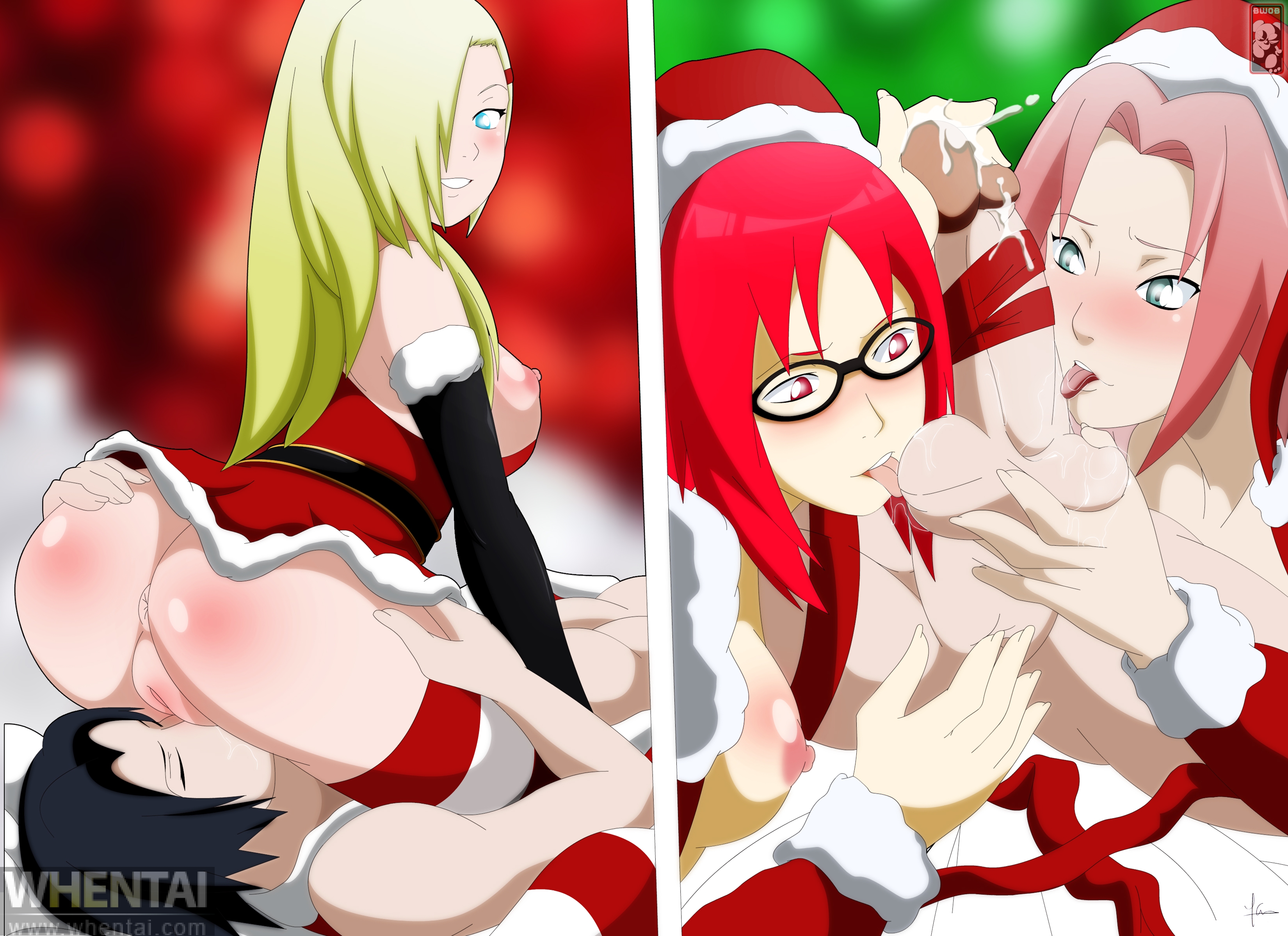 1boy, 3girls, blonde hair, blue eyes, breasts, christmas, collaborative fellatio, cowgirl position, cunnilingus, fellatio, female, foursome, green eyes, harem, human, ino yamanaka, male, multiple females, multiple girls, naruto, naruto (series), nipples, oral, pink hair, red eyes, red hair, sakura haruno, sasuke uchiha, straight, uzumaki karin, whentai