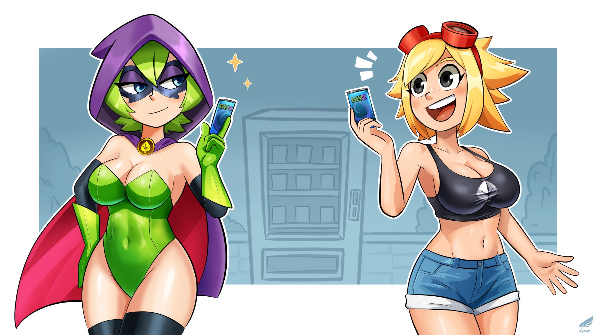 anthro, belly, belly button, big breasts, blonde female, blonde hair, blush, boots, breasts, cape, cleavage, cloak, dialogue, female, gijinka, goggles, goggles on forehead, goggles on head, green shadow (pvz), happy, hood, human, humanoid, jeans, lykan starlight, mask, masked female, peashooter (pvz), phone, plant, plant girl, plant humanoid, plants vs zombies, plants vs zombies: heroes, pvz, revealing clothes, short hair, short shorts, shorts, smile, solar flare (pvz), sunflower (pvz), tagme, tank top, thick thighs, thigh highs, thighhighs, thighs