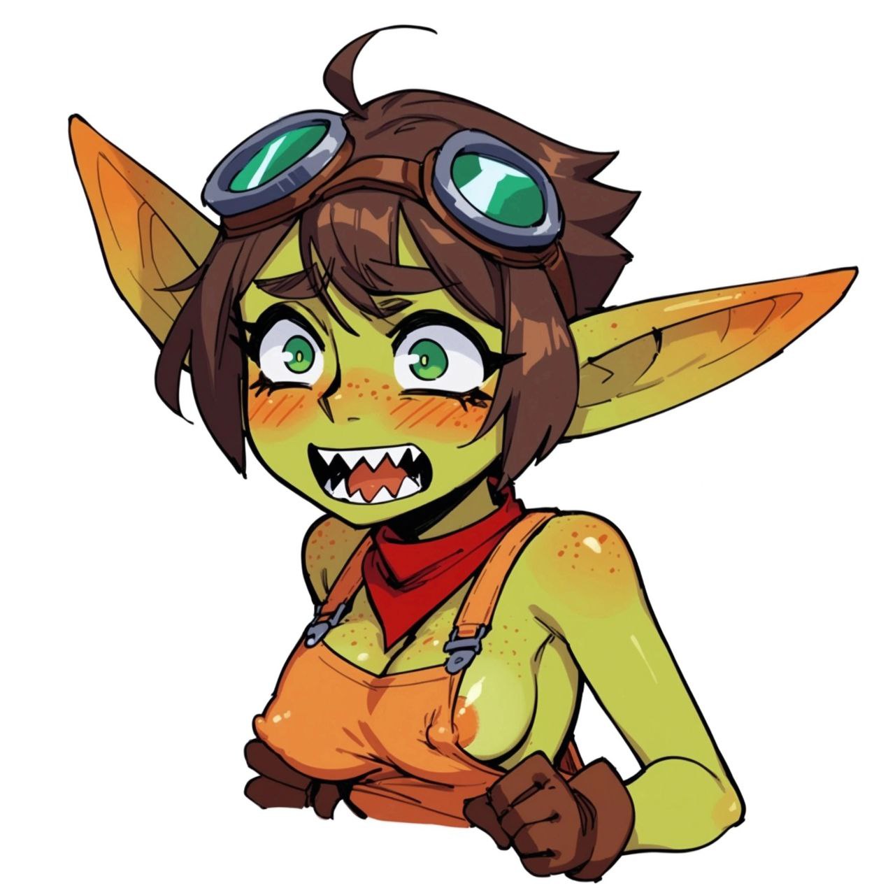 ai_generated areola_slip areolae blush breasts breasts_visible_through_clothing brown_hair clothed female gabi_(gabital) gabital goblin goblin_female goggles goggles_on_head green_skin nipples nipples_visible_through_clothing overalls pointy_ears pointy_teeth