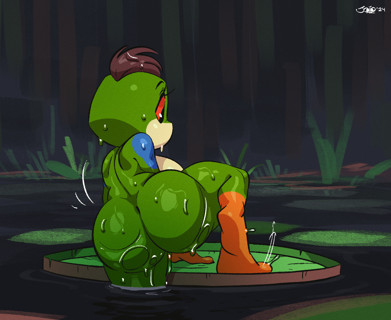 amphibian, anthro, ass, big ass, big butt, biped, breasts, female, frog, green body, joaoppereiraus, lily pad, lotte (joaoppereiraus), multicolored body, nude, plant, rear view, solo, thick thighs, wet, wet body