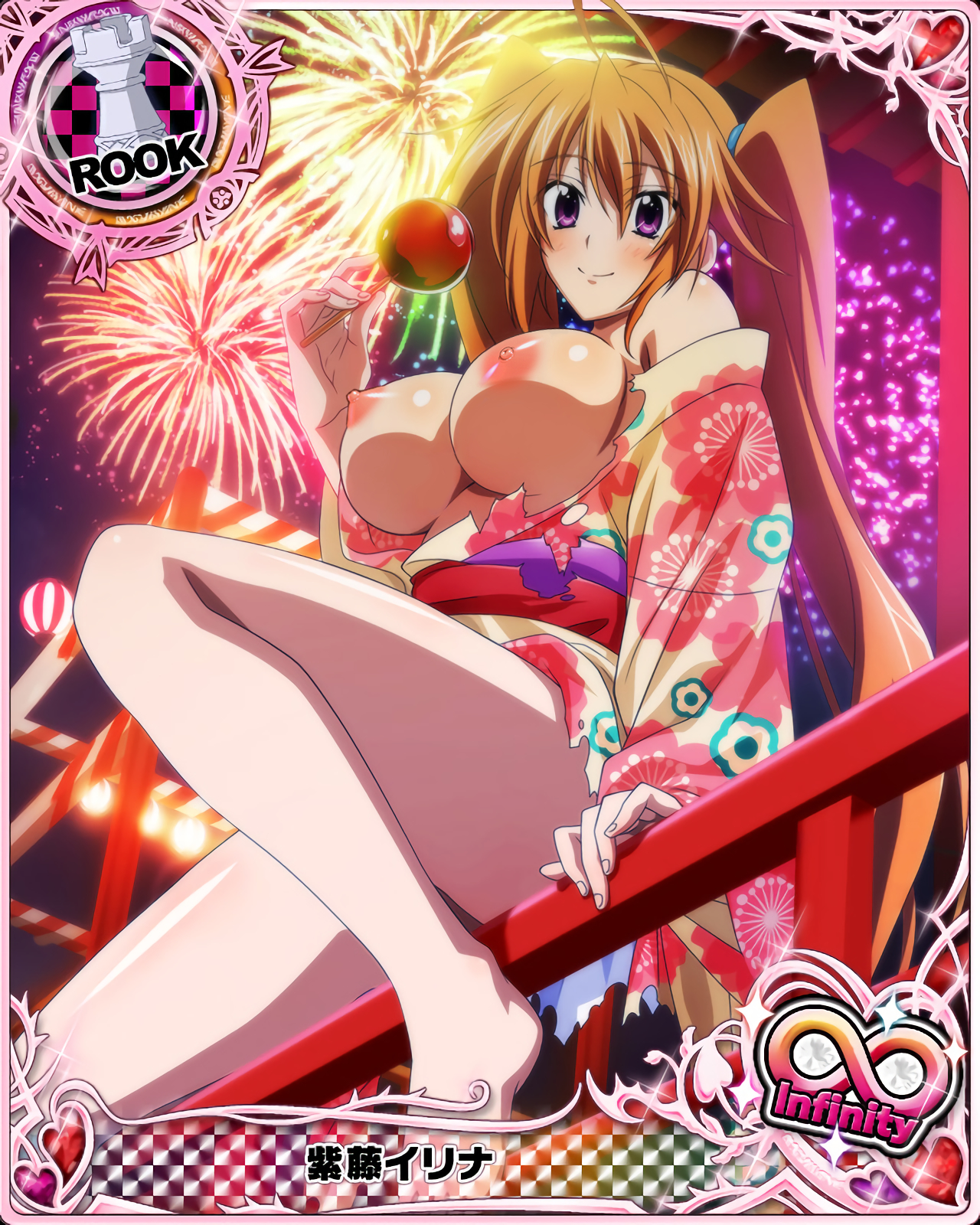 ahoge, areolae, bare shoulders, blush, breasts, breasts out, brown hair, card (medium), female, high school dxd, large breasts, long hair, looking at viewer, nipples, photoshop, purple eyes, shidou irina, sitting, smile, solo, tied hair, torn clothes, twintails, very long hair