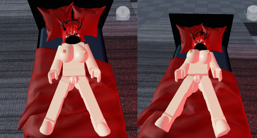 ass breasts collage genderbend halo horns legs_apart legs_spread looking_at_viewer mask on_bed pussy red_eyes red_hair roblox roblox_avatar roblox_studio robloxian