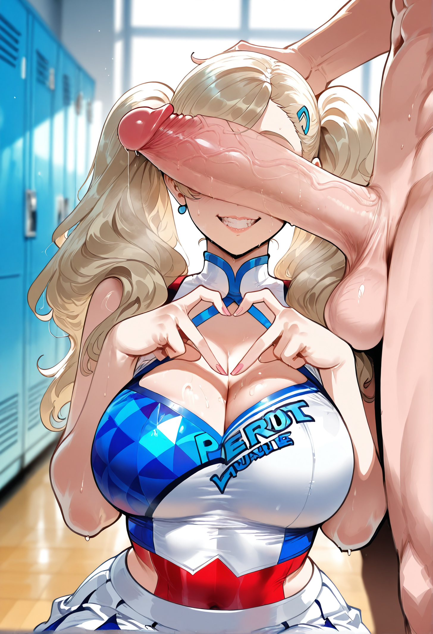 1boy, 1girls, ai generated, alternate breast size, ann takamaki, balls, bangs, bare shoulders, blonde hair, blush, breasts, cheerleader, cleavage, cleavage cutout, clothed female nude male, clothing, clothing cutout, covered navel, crop top, curvaceous, curvaceous female, curvaceous figure, curvy, curvy figure, earrings, erection, exhibitionism, female, female focus, grin, hair ornament, hairclip, hand on another's head, hands up, heart hands, huge cock, indoors, jewelry, large breasts, large penis, leotard, locker, locker room, long hair, male, miniskirt, miyuai, multicolored shirt, nude, penis, penis awe, penis on face, penis over eyes, persona, persona 5, pleated skirt, red leotard, shirt, skirt, sleeveless, smile, solo focus, straight, stud earrings, sweat, teeth, testicles, twintails, two-tone shirt, veins, veiny penis, voluptuous, voluptuous female, white skirt
