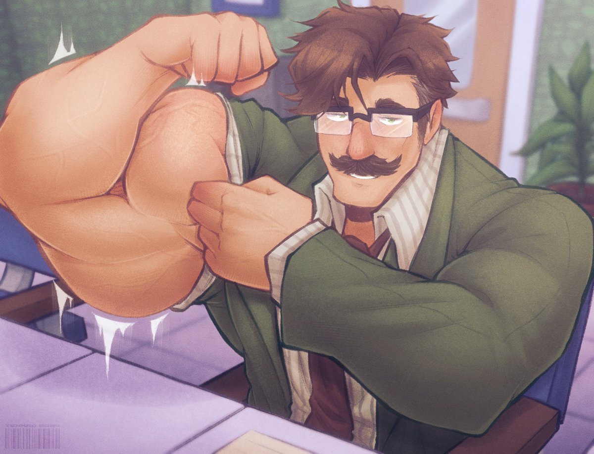 adtenkro bara blush clothing facial_hair flexing glasses harvey_(stardew_valley) male male_only moustache muscles muscular rolled_up_sleeves solo solo_male stardew_valley