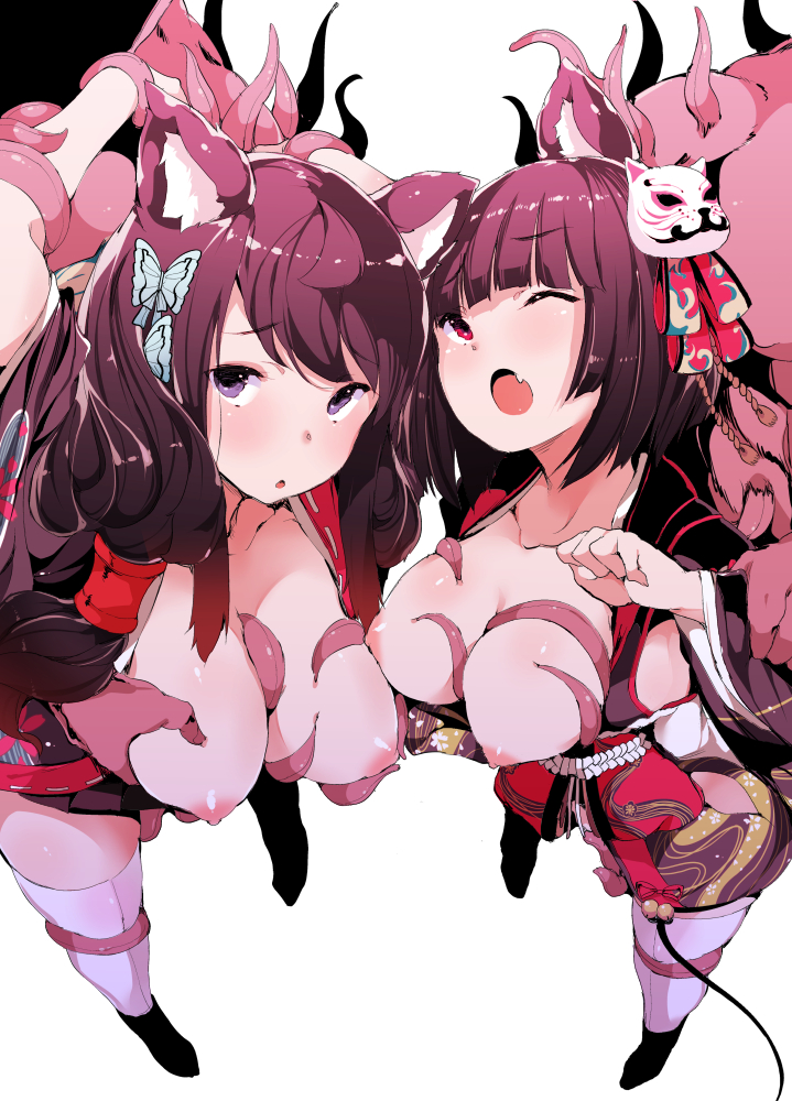 2girls :o animal_ear_fluff animal_ears arm_grab arms_up azur_lane bell black_hair black_kimono blunt_bangs blush bob_cut breasts breasts_out butterfly_hair_ornament cat_ears cat_mask collarbone eyebrows foreshortening furrowed_brow fusou_(azur_lane) hair_ornament hair_tubes japanese_clothes jingle_bell kimono large_breasts legs_apart long_hair long_sleeves low_twintails mask mask_on_head multiple_girls nipples obi oerba_yun_fang open_mouth purple_eyes red_eyes red_ribbon restrained ribbon sash short_hair short_kimono simple_background standing tentacle thighhighs twintails ushiro_muki white_background white_legwear wide_sleeves yamashiro_(azur_lane) zettai_ryouiki