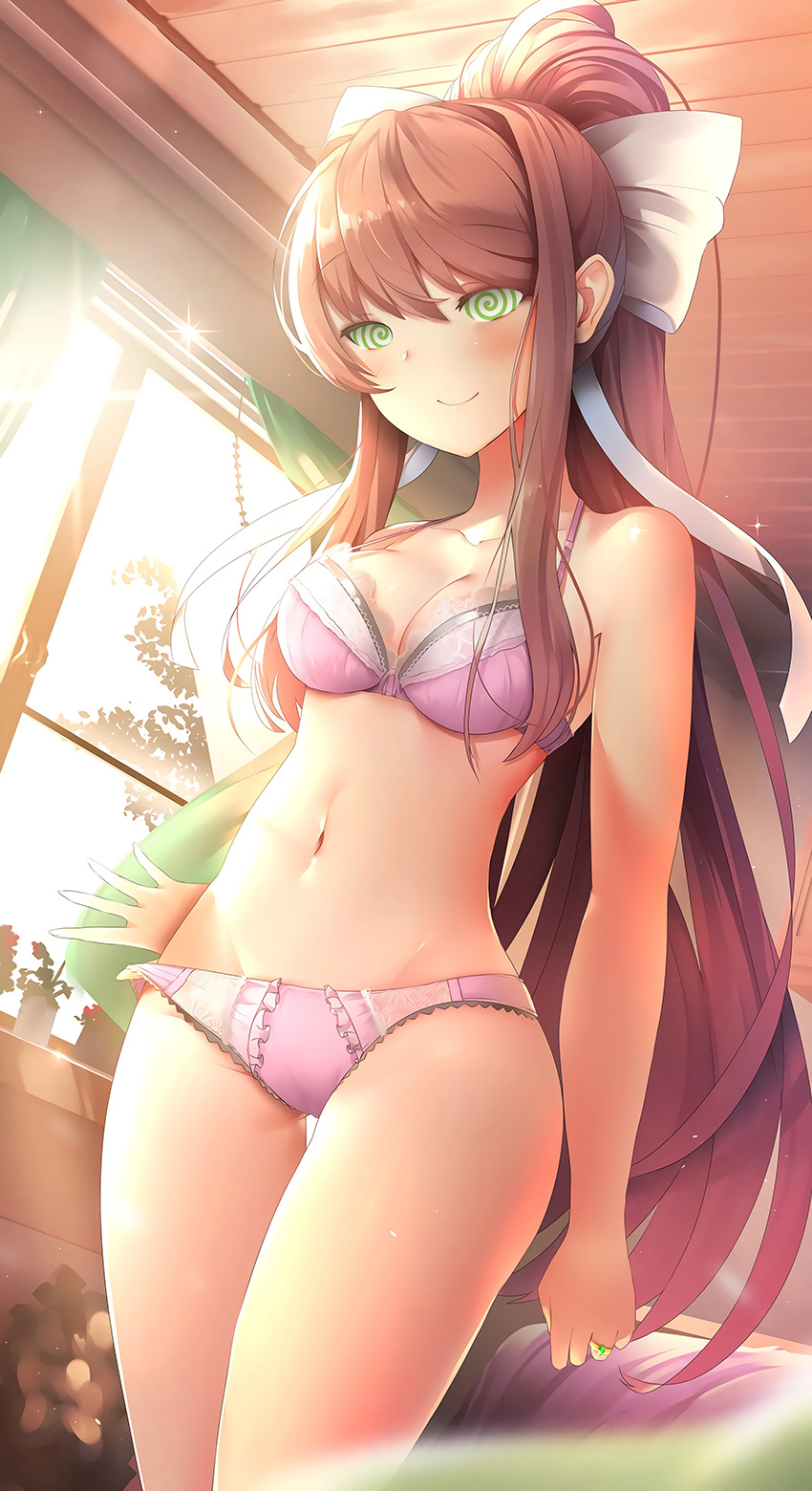 doki doki literature club, edit, female, green eyes, hypnosis, mind control, monika (doki doki literature club), perfect body, pink bra, pink panties, smile, spiral eyes, swirly eyes, tsukimaru