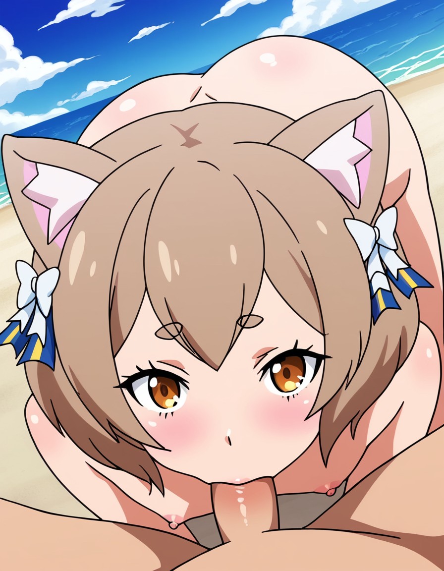 2boys, ai generated, ass, beach, bent over, blush, brown hair, cat ears, day, erection, facing viewer, felix argyle, fellatio, femboy, gay, hair ribbon, looking at viewer, male, male only, nipples, otoko no ko, otokonoko, outdoor sex, outdoors, penis, pov, pov eye contact, re:zero kara hajimeru isekai seikatsu, ribbon, short hair, trap, yaoi