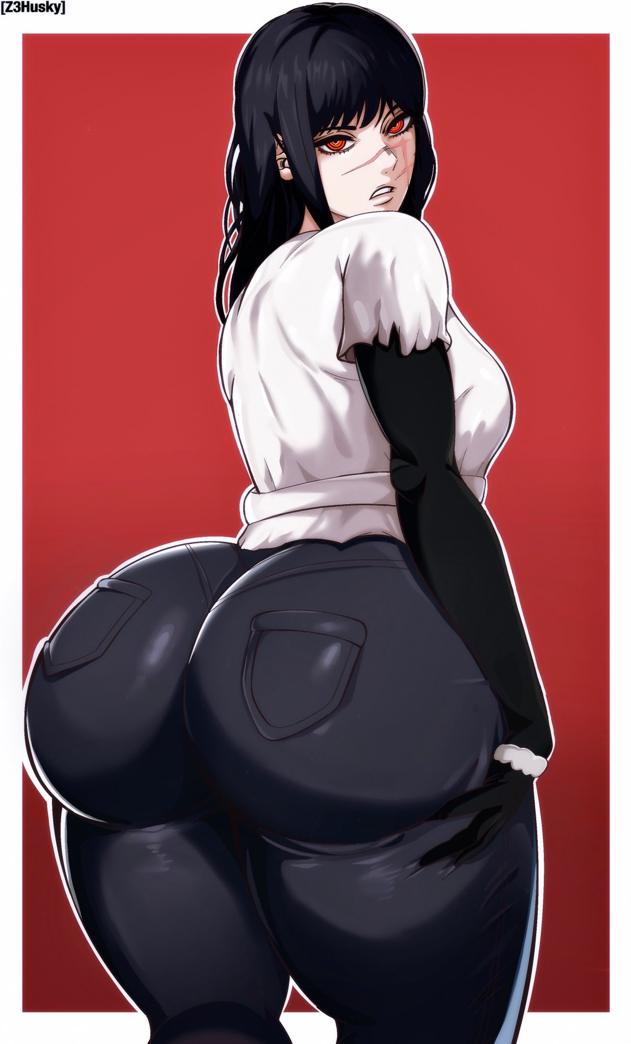 1girls ass ass_focus big_ass big_butt black_hair bottom_heavy bubble_ass bubble_butt butt chainsaw_man fully_clothed huge_ass large_ass looking_at_viewer looking_back mitaka_asa scar scar_on_face thick thick_ass thick_butt thick_hips thick_legs thick_thighs voluptuous voluptuous_female wide_hips yoru_(chainsaw_man) z3husky