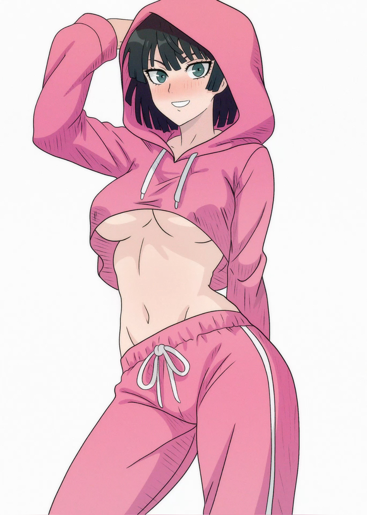 1girls, breasts, female, fubuki (one-punch man), green eyes, green hair, midriff, one-punch man, pose, posing, satsufumi, smile, sweatpants, sweatshirt, underboob
