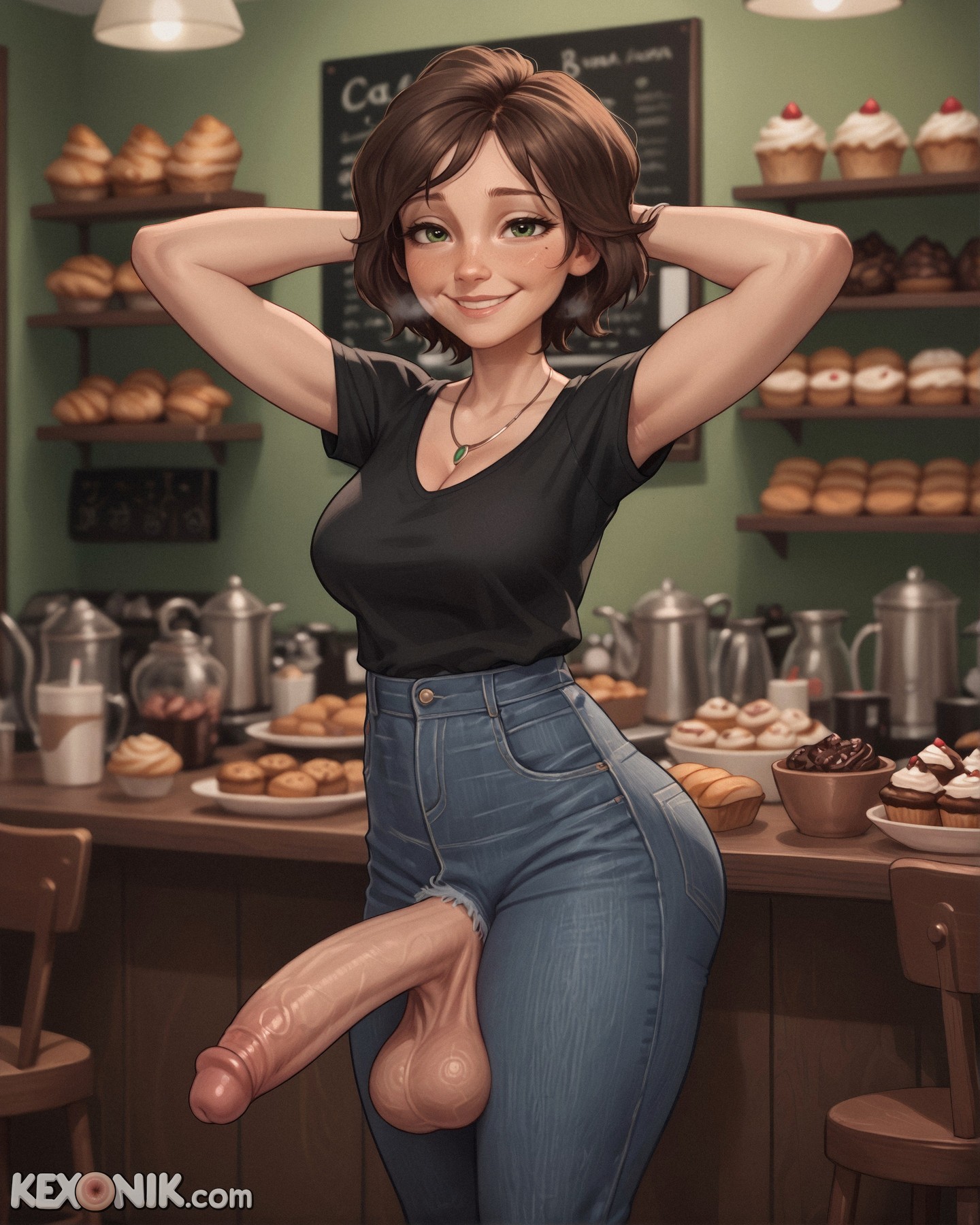 1futa, 1futanari, ai generated, armpits, aunt cass, big, big eyes, big hero 6, black shirt, cass hamada, cleavage, cock keyhole clothing, denim, dickgirl, disney, full body, futanari, green eyes, hands behind head, heavy breathing, hourglass figure, huge ass, huge testicles, jeans, kexonik, large breasts, large penis, marvel, massive tits, medium hair, narrow waist, narrowed eyes, naughty smile, petite, petite body, puffy, sagging breasts, scrotum, short hair, short sleeves, skinny, slim, solo