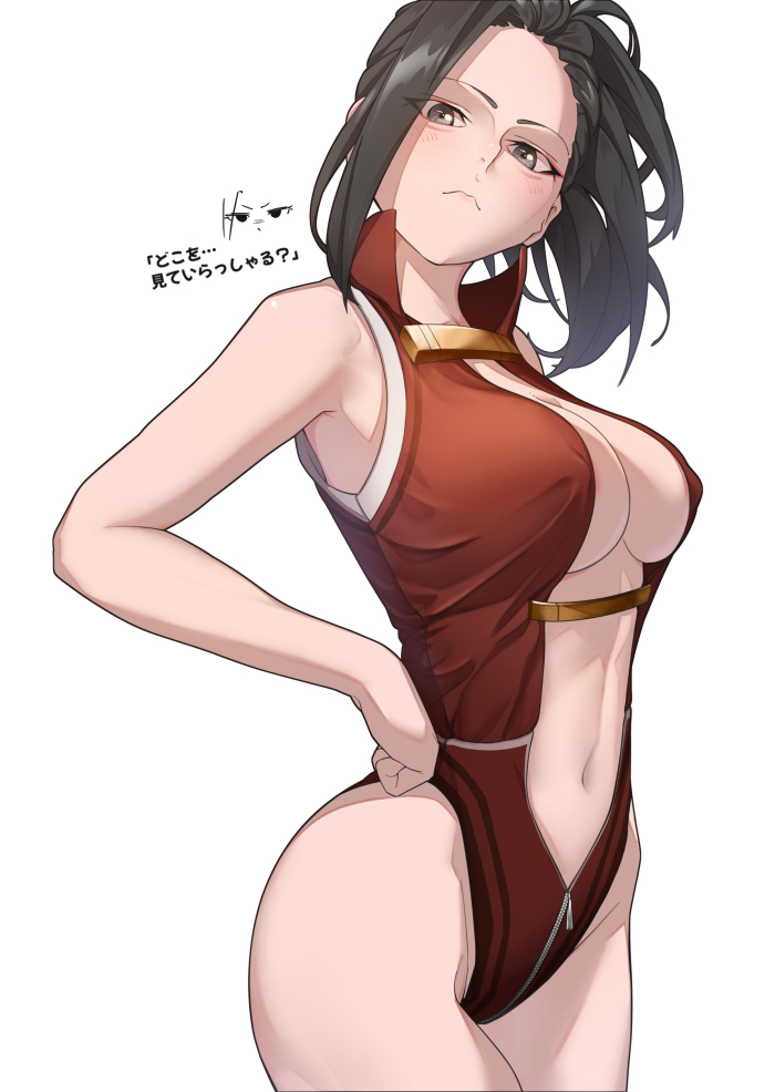 1girls ass big_ass big_breasts black_hair blush breasts closed_mouth female female_focus female_only hand_on_hip leotard long_hair looking_at_viewer looking_down momo_yaoyorozu my_hero_academia navel ponytail red_leotard simple_background solo solo_female solo_focus tamamoice thick_thighs translation_request white_background yaoyorozu_momo