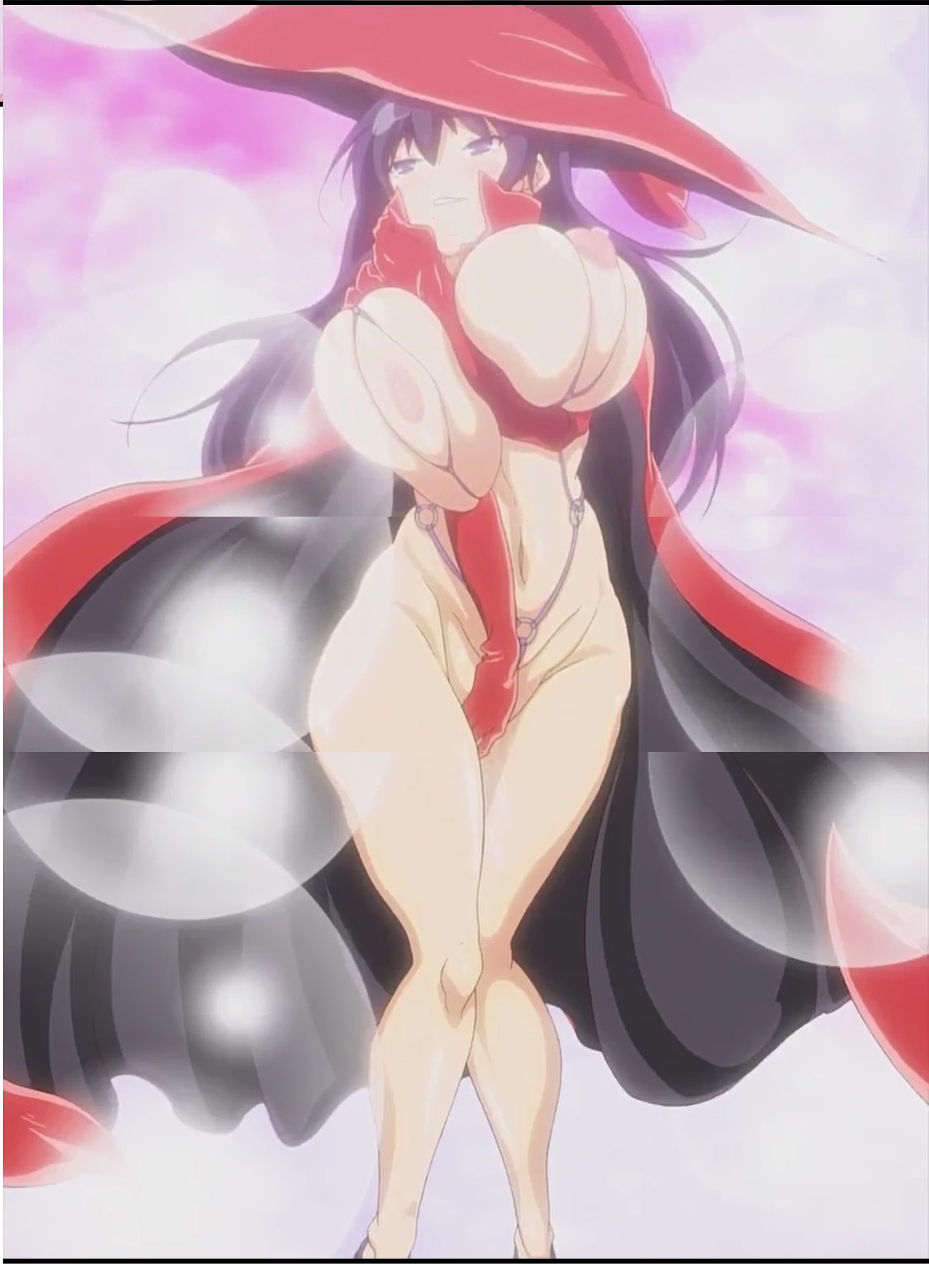 1girls, black hair, breast squeeze, breasts, bursting breasts, cape, elbow gloves, female, gyakuten majo saiban: chijo na majo ni sabakarechau, hat, huge breasts, kaoru enma, long hair, nipples, pink pineapple, plump, screencap, screenshot, seven (animation studio), smile, solo, thick thighs, witch, witch hat