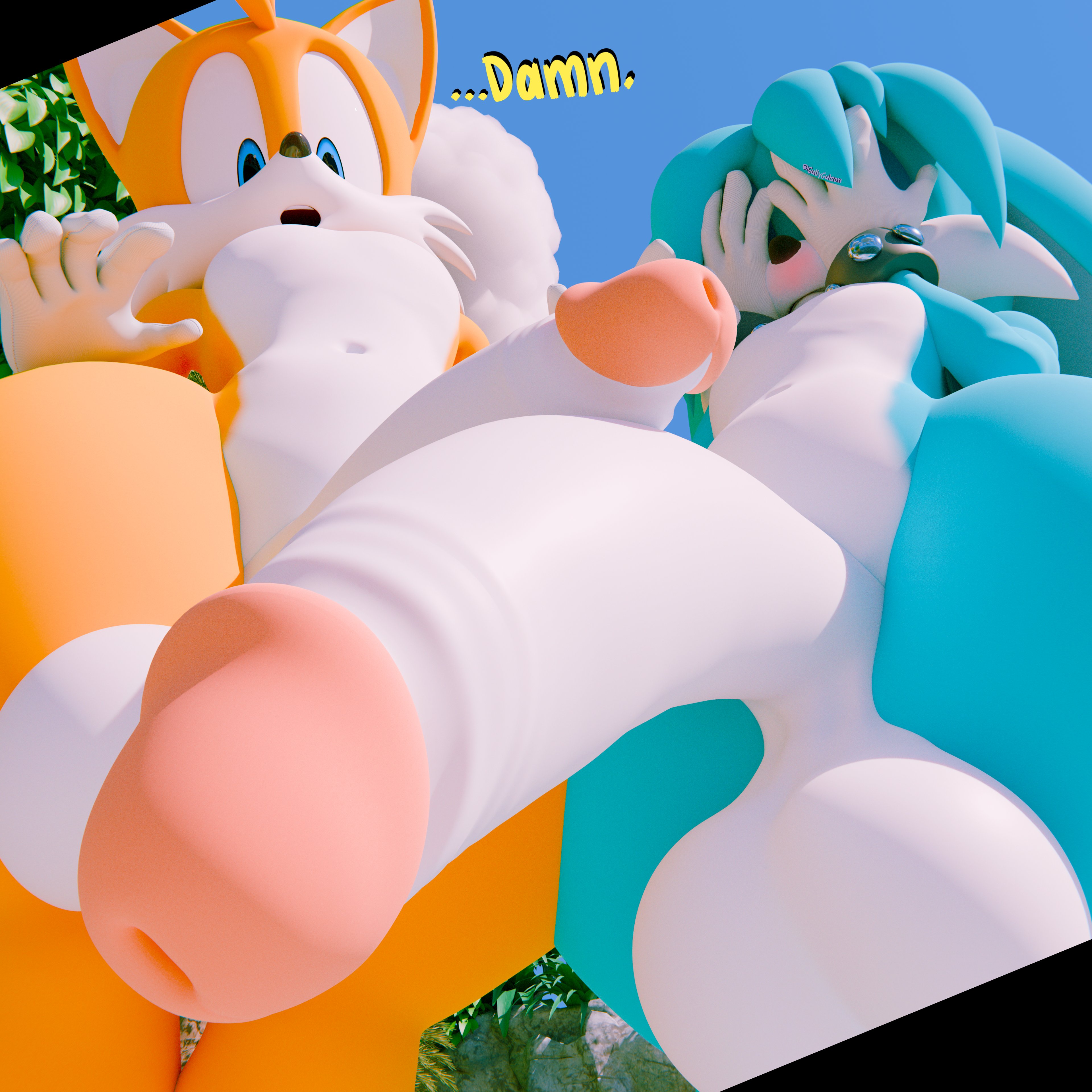 2boys, 3d, ass, big ass, big penis, canid, canine, femboy, fox, girly, gullygulson, kitsunami the fennec, macro, male, male/male, penis, penis size comparison, sega, sonic (series), tails, tails the fox
