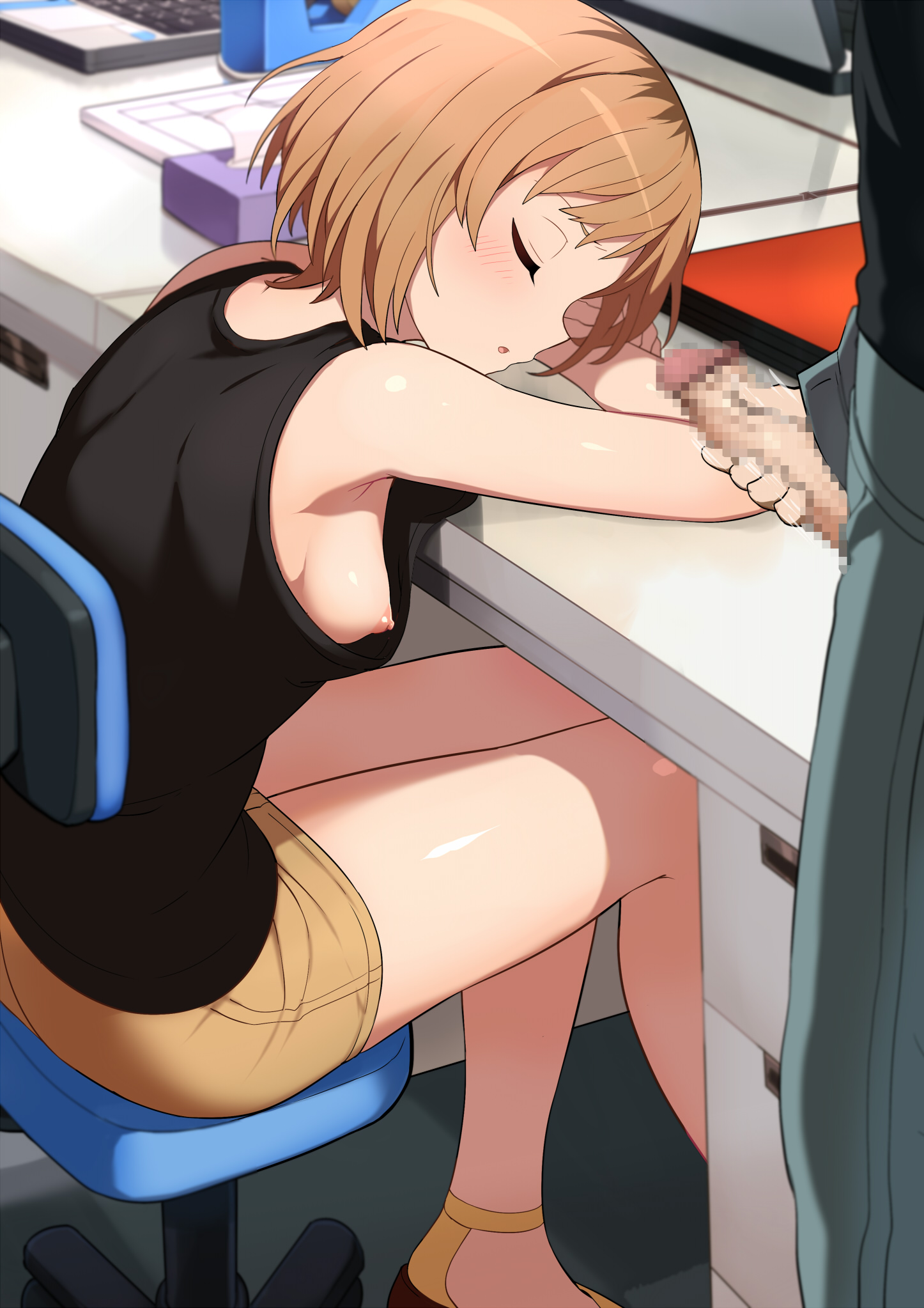 1boy, 1girls, areolae, bare arms, bare shoulders, blush, breasts, brown hair, censored, chair, closed eyes, clothing, female, highres, legs, male, masturbation, miyamori aoi, mosaic censoring, nipples, no bra, penis, shin'ya (shin'yanchi), shirobako, short hair, sideboob, sitting, skirt, sleeping, small breasts, standing, table, thighs, unzipped