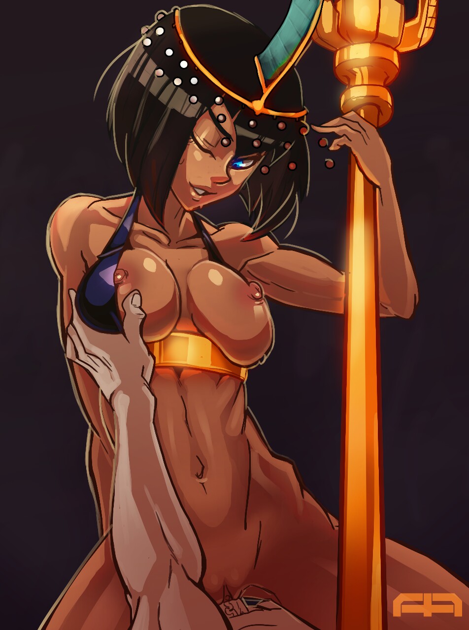 1girls, andava, black hair, bob cut, bottomless, breast grab, breasts, cowgirl position, dark skin, dark-skinned female, egyptian, eliza (skullgirls), female, interracial, light skin, light-skinned male, looking at viewer, male, nipples, one eye closed, pale skin, pale-skinned male, penetration, pussy, sex, skullgirls, solo focus, staff, straight, tiara, uncensored, unseen male face, vaginal penetration
