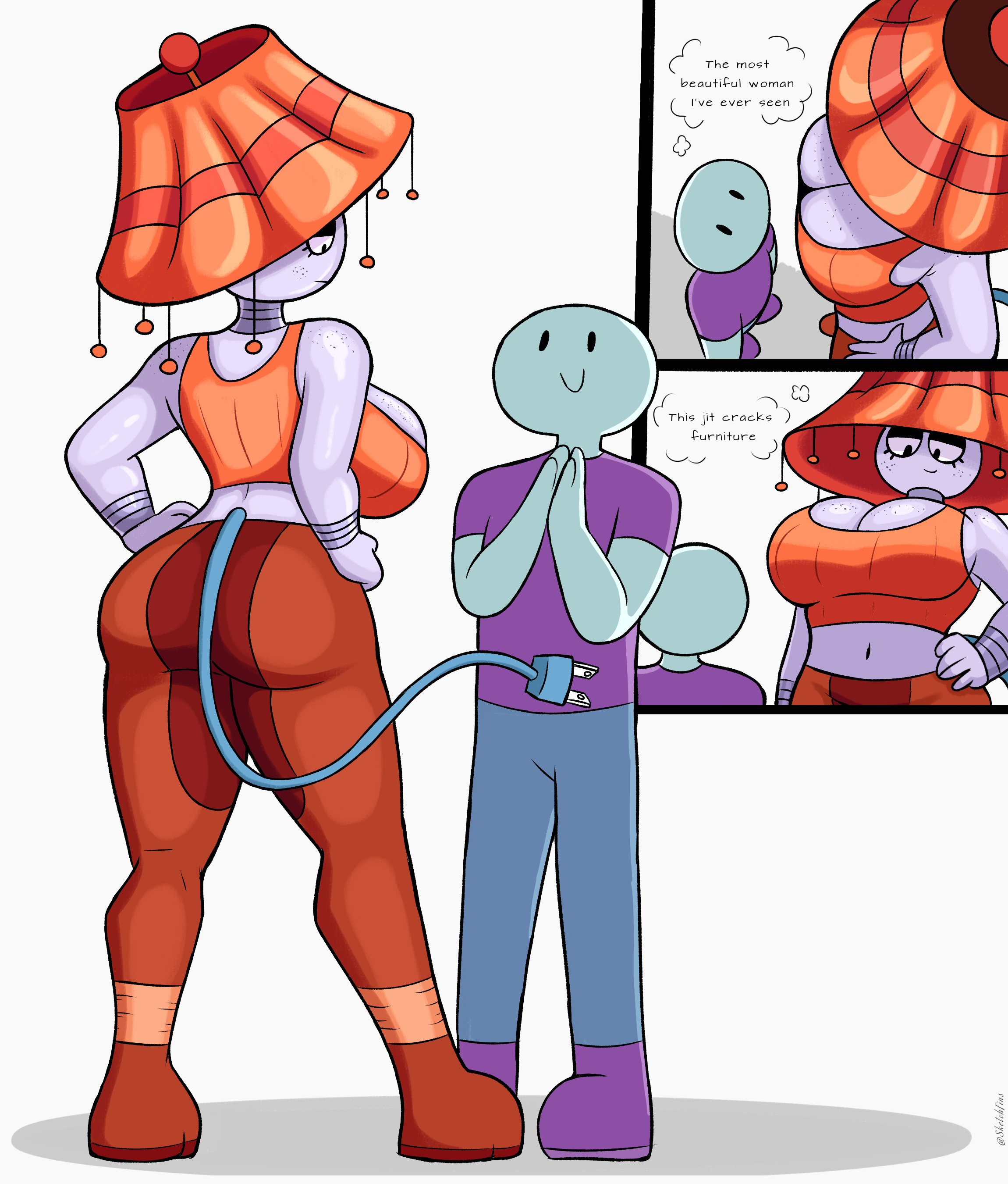 1boy, 1boy1girl, 1girls, absurd res, absurd resolution, absurdres, animate inanimate, anon, anonymous male, anthro, ass, bald, bald male, bare shoulders, big ass, big breasts, black eyes, black eyeshadow, breast freckles, breasts, bubble ass, bubble butt, busty, busty female, cleavage, curvaceous, curvy, curvy female, curvy figure, dialogue, duo, duo focus, english text, eyeshadow, female, female focus, freckles, freckles on breasts, freckles on face, freckles on shoulders, half-closed eyes, height difference, hi res, high resolution, highres, huge breasts, lamp, lamp girl, lampshade, lampshay, large breasts, leggings, looking down, looking down at partner, looking up, looking up at partner, male, male/female, meme, narrowed eyes, object humanoid, oc, open eyes, original, original character, plapbait, plug tail, shorter male, simple background, size difference, sketchfins, smaller male, smile, smiling, speaking, straight, tagme, tail, taller female, taller male, tank top, text, thick thighs, thighs, thinking, thought bubble, voluptuous, voluptuous female, wholesome