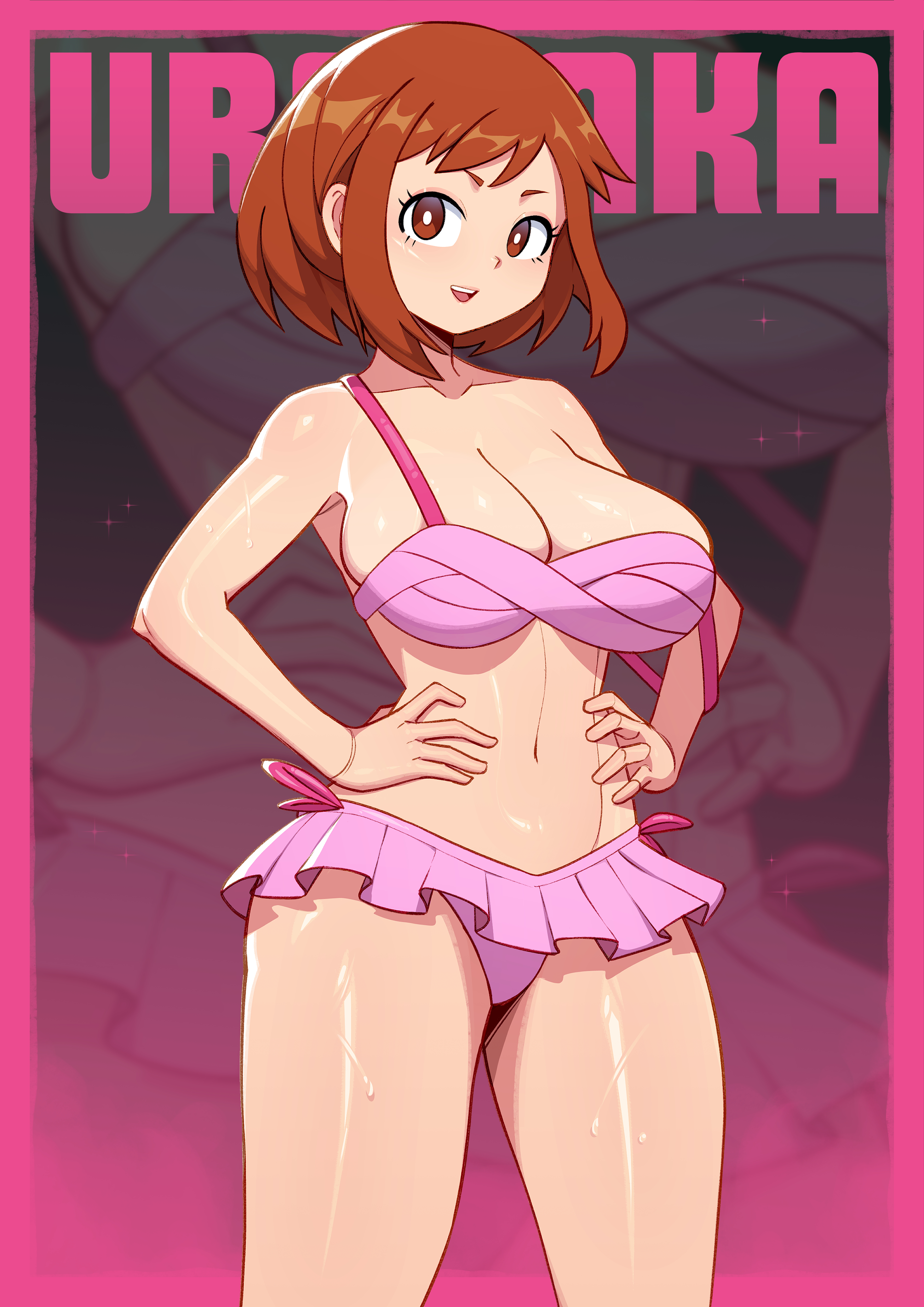 1girls, big breasts, bikini, breasts, brown eyes, brown hair, brown-haired female, female, female focus, female only, looking at viewer, medium hair, my hero academia, ochako uraraka, satelyte, smile, solo, solo female, solo focus, sweat, swimsuit, thick thighs