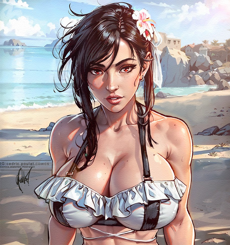 1girls athletic_female bikini bikini_top bra cedric_poulat female final_fantasy final_fantasy_vii fit_female flower huge_breasts large_breasts looking_at_viewer outdoors solo tagme tifa_lockhart tifa_lockhart_(shining_spirit)