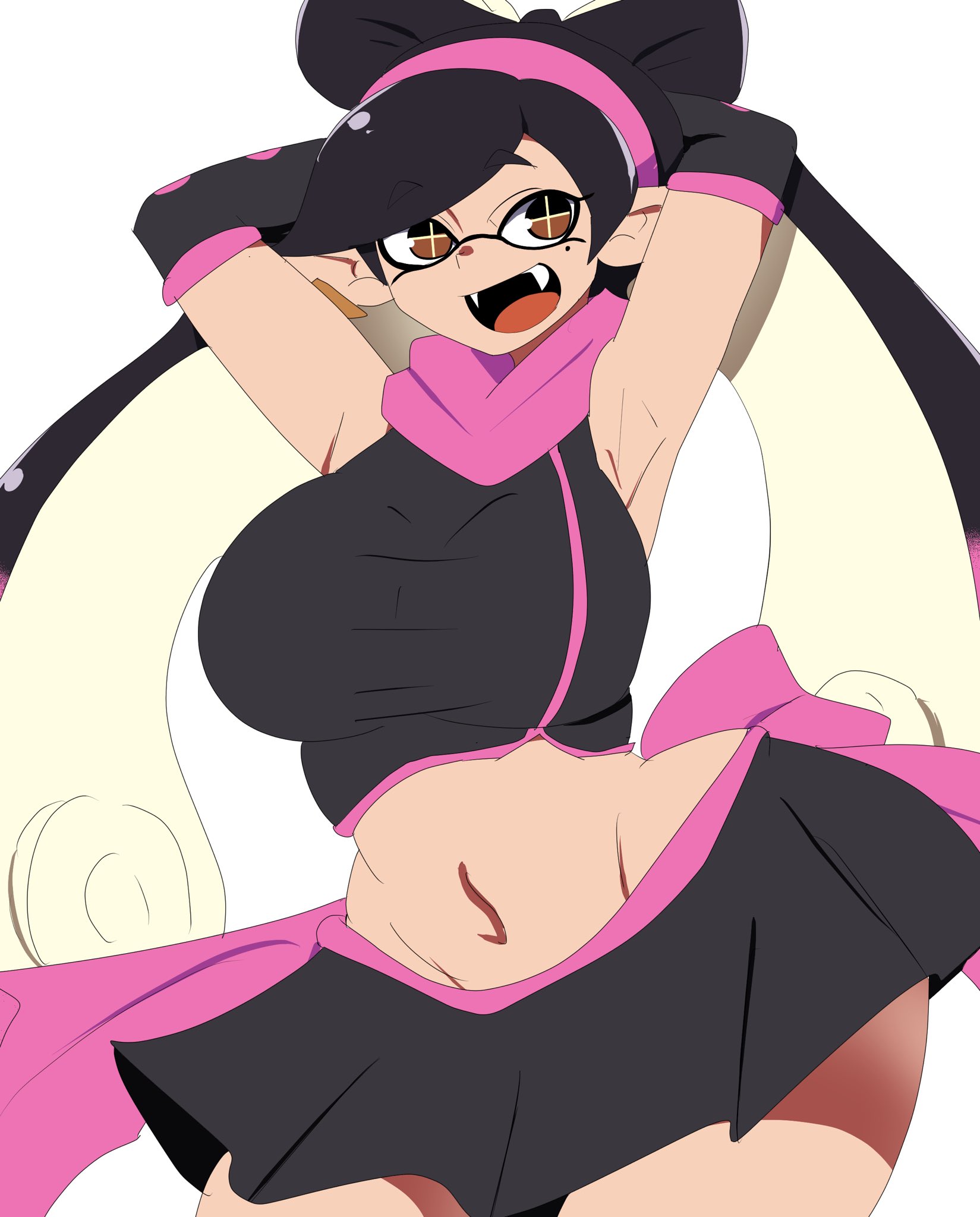 1girls, arms behind head, arms up, beta design, big breasts, black gloves, black long gloves, black skirt, breasts, brown hair, callie (beta) (splatoon), callie (splatoon), chicken rib, female, gloves, huge breasts, inkling, inkling girl, large breasts, long gloves, long hair, mole, mole under eye, navel, nintendo, open mouth, pointy ears, simple background, skirt, solo, splatoon, splatoon (series), tentacle hair, tongue, two-tone hair, white background