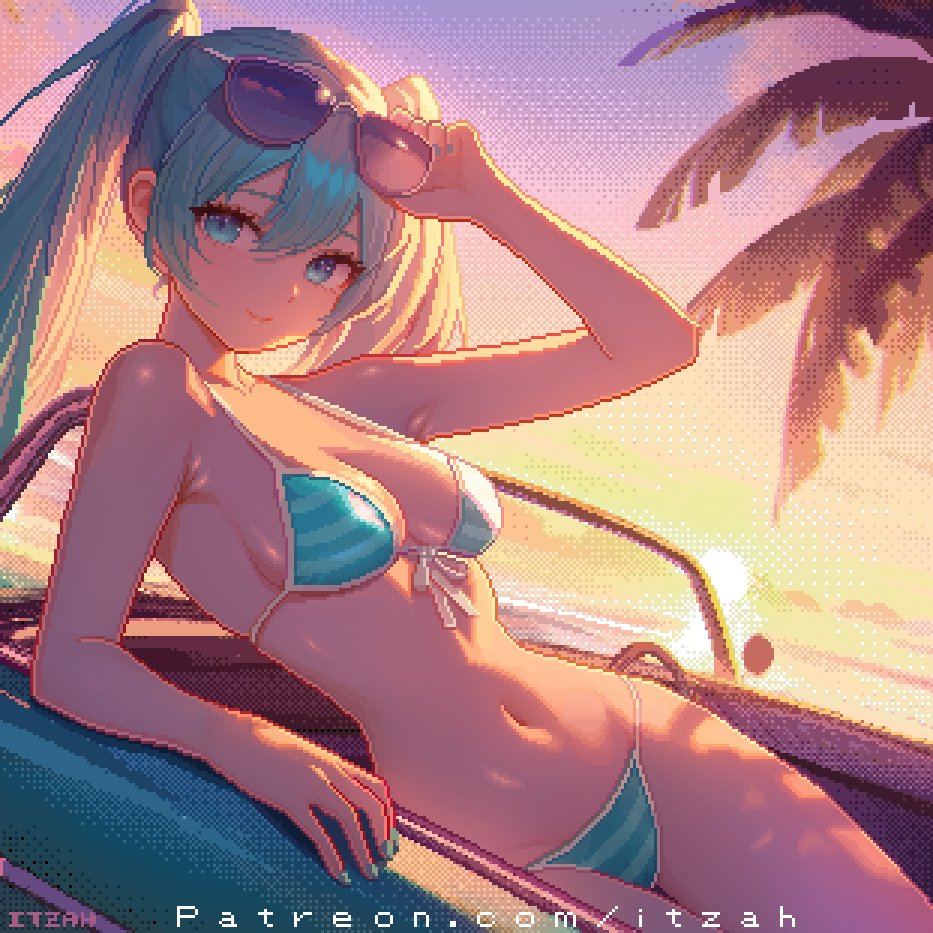 2d beach bikini blue_eyes blue_hair blue_nails female hatsune_miku itzah medium_breasts nail_polish navel painted_nails pixel_art striped_bikini sunglasses sunglasses_on_head sunset swimsuit swimwear twintails