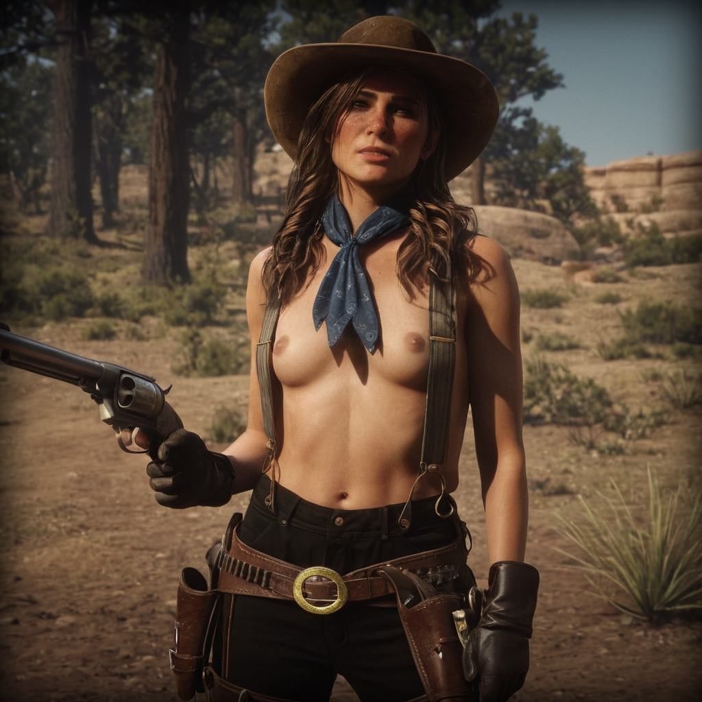 1girls 3d areolae black breasts brown_eyes casual cowboy_hat cowboy_shot female female_focus female_only firearm freckles full_body game guns handgun hat hd hd_(traditional) high_resolution highres human kuku lipstick long_hair medium_breasts mode mole naked nude outdoors pale_skin public public_nudity red_dead_redemption_(series) red_dead_redemption_2 revolver rockstar_games sadie_adler scarf small_breasts solo suspenders topless video_games weapon western