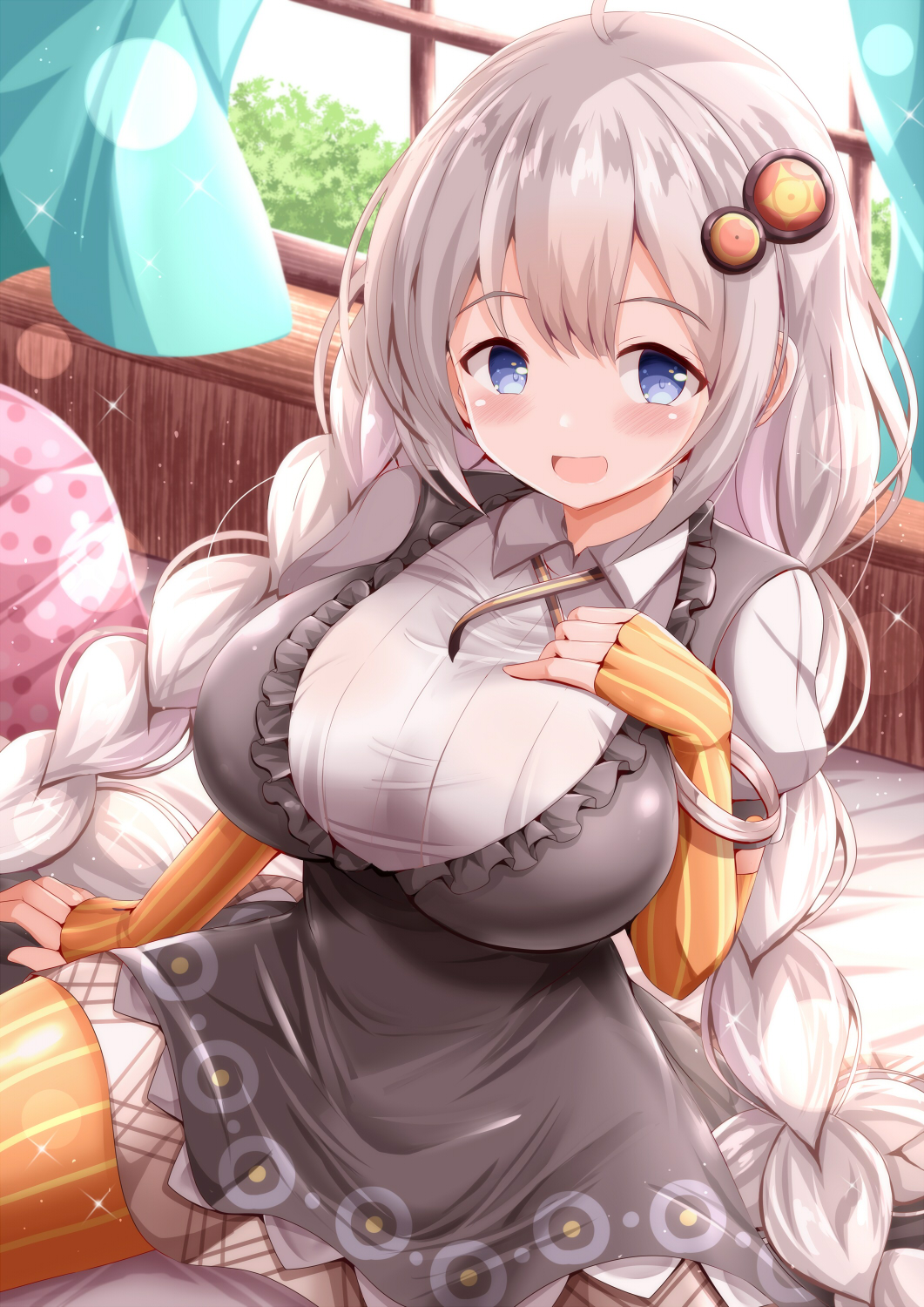 :d ahoge arm_support blue_eyes blush braid breasts collared_shirt commentary_request commission curtains dress elbow_gloves female female_only fingerless_gloves frilled_dress frills gloves grey_dress grey_hair hair_between_eyes hair_ornament hand_up highres indoors kizuna_akari large_breasts long_hair looking_at_viewer low_twintails orange_gloves orange_pantyhose pantyhose pixiv_commission polka_dot shirt sitting sleeveless sleeveless_dress smile solo striped_clothes striped_gloves striped_pantyhose twin_braids twintails vertical-striped_clothes vertical-striped_pantyhose very_long_hair voiceroid white_shirt wings xenon_(for_achieve)