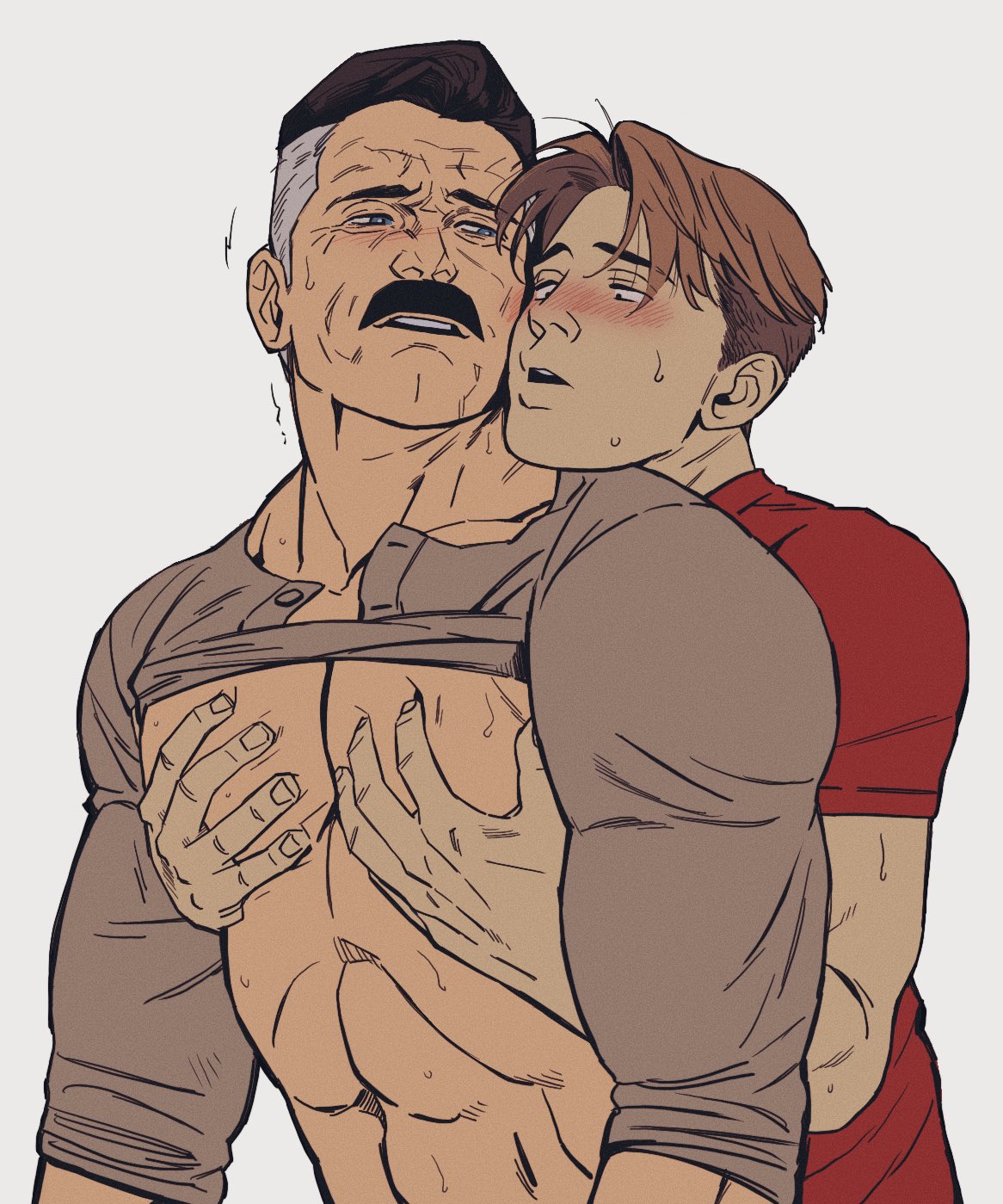 age_difference bonjourdraws gay gay_sex invincible looking_pleasured male/male male_focus male_only old_submissive_man older_man_and_younger_boy omni-man pec_grab pec_squeeze shirt_over_chest shirt_pushed_up william_clockwell