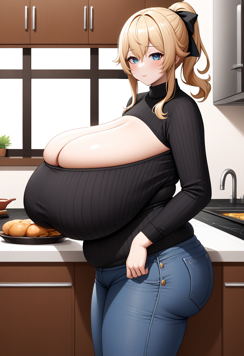 ai_generated ass bangs black_sweater blonde_hair blue_eyes blush breasts cleavage cleavage_cutout denim fat female female_only food fruit genshin_impact gigantic_breasts hair_ribbon indoors jean_gunnhildr jeans kitchen long_hair looking_at_viewer mandarin_orange mature_female milf orange pants plump ponytail ribbed_sweater ribbon self_upload sidelocks skindentation solo stove sweater takaman_(gaffe)_(style) thick_thighs thighs