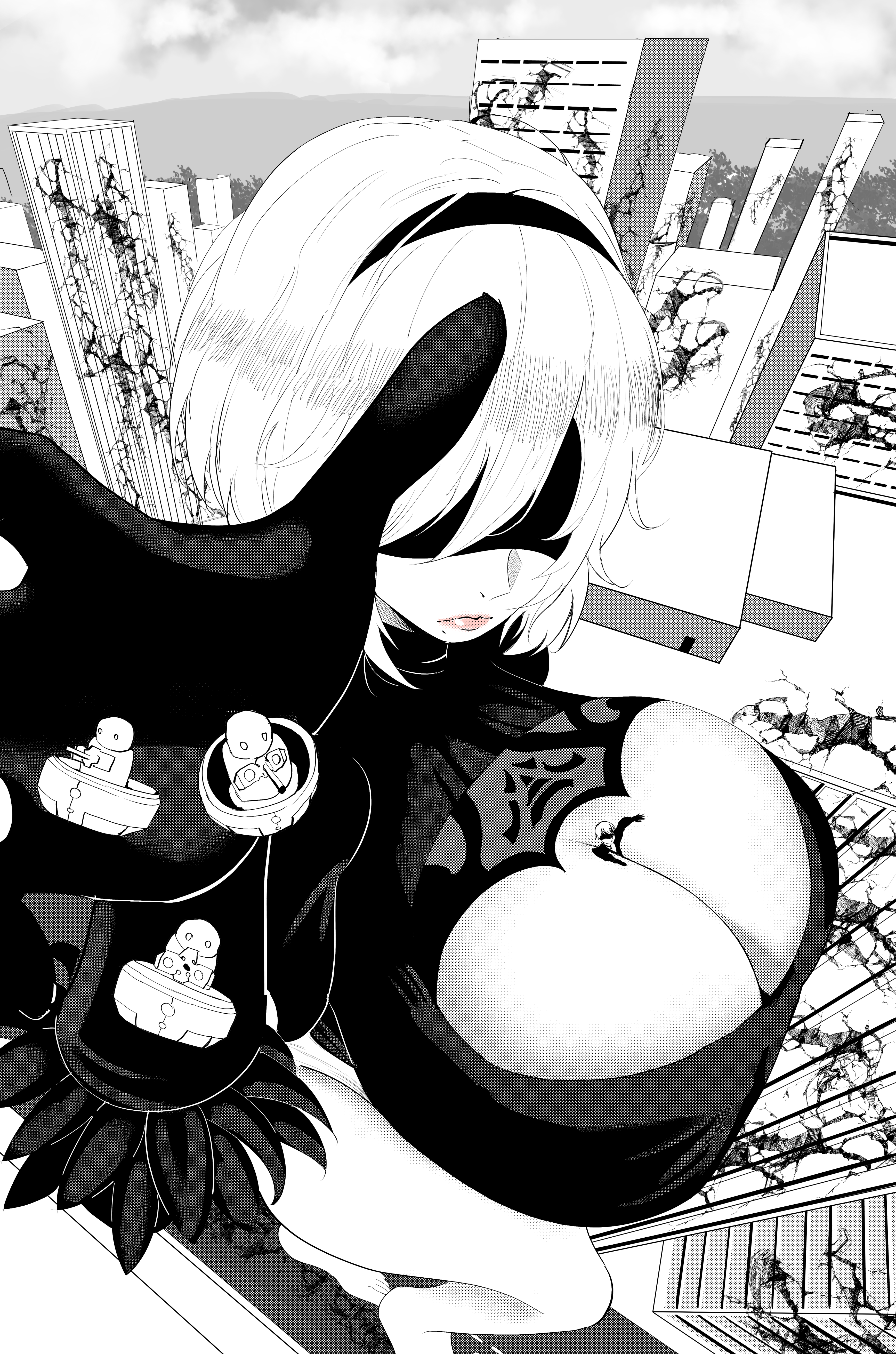 1boy, 1girls, android, android girl, between breasts, big breasts, blindfold, breasts, clothing, female, giantess, hairband, higher resolution duplicate, huge breasts, light skin, light-skinned female, light-skinned male, macro, male, monochrome, nier, nier: automata, reaching out, shoiichii, short hair, size difference, white hair, yorha 2b, yorha 9s