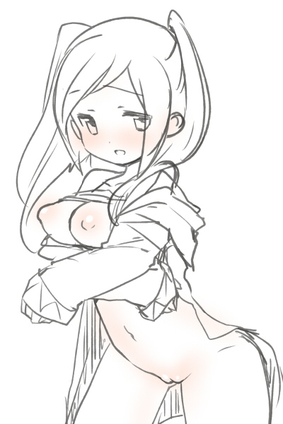 blush breasts ebi_shamo female fire_emblem fire_emblem_awakening monochrome nipples pussy robin_(fire_emblem) robin_(fire_emblem)_(female) simple_background solo tied_hair twintails uncensored