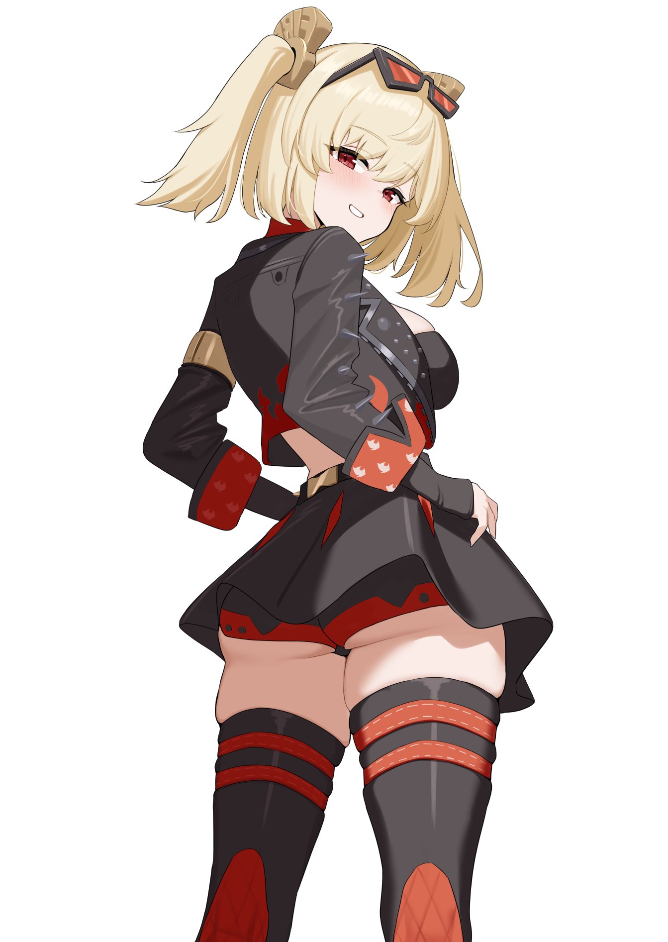 1girls, ass, blonde hair, breasts, bubble ass, bubble butt, burnice white, clothing, eyewear on head, female, from behind, fully clothed, jacket, large breasts, looking at viewer, mihoyo, red eyes, skirt, solo, standing, thick ass, thick thighs, thighhighs, upskirt, zenless zone zero