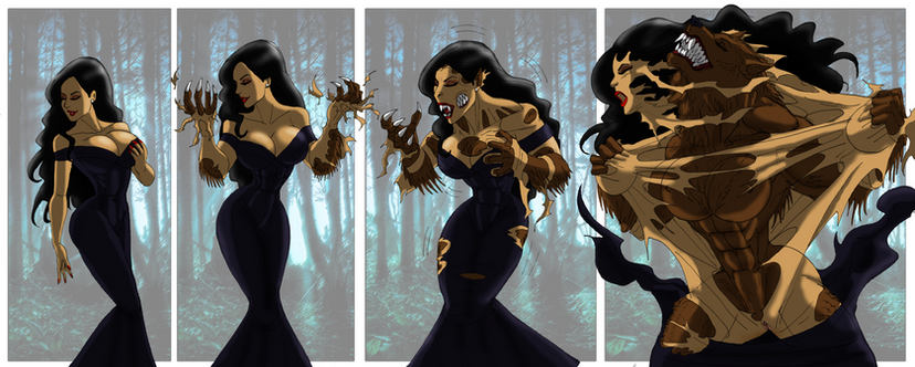 black_dress black_hair brown_fur disguise dress johnnyharadrim large_breasts muscular muscular_female original original_character skinsuit tearing_clothes werewolf wide_hips