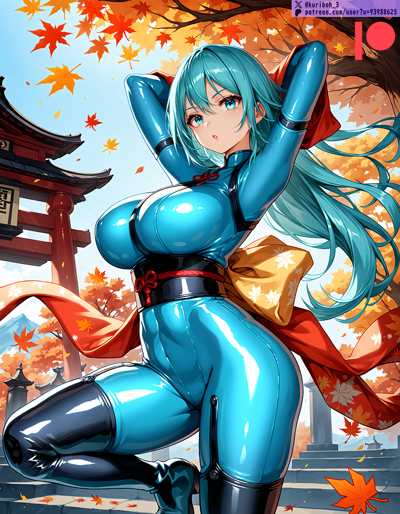 ai_generated bodysuit breasts female kuriboh_ex_(artist) latex latex_clothing latex_suit oppai rubber rubber_clothing rubber_suit skin_tight turquoise_eyes turquoise_hair