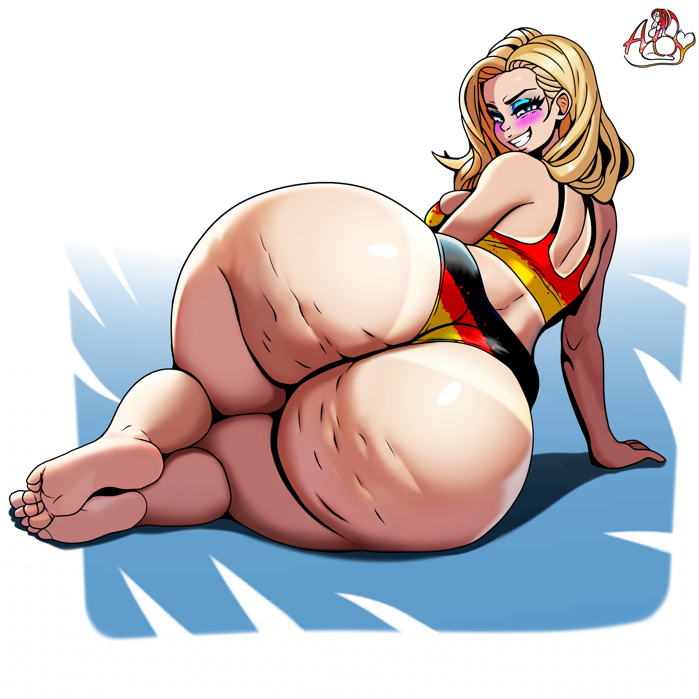 1girls, abyx3, ass, ass bigger than head, ass bigger than torso, big ass, blush, cellulite, enormous ass, female, female only, huge ass, hyper, hyper ass, hyper hips, looking at viewer, looking back, presenting hindquarters, smiling at viewer, solo female, tagme, thick thighs, wide hips