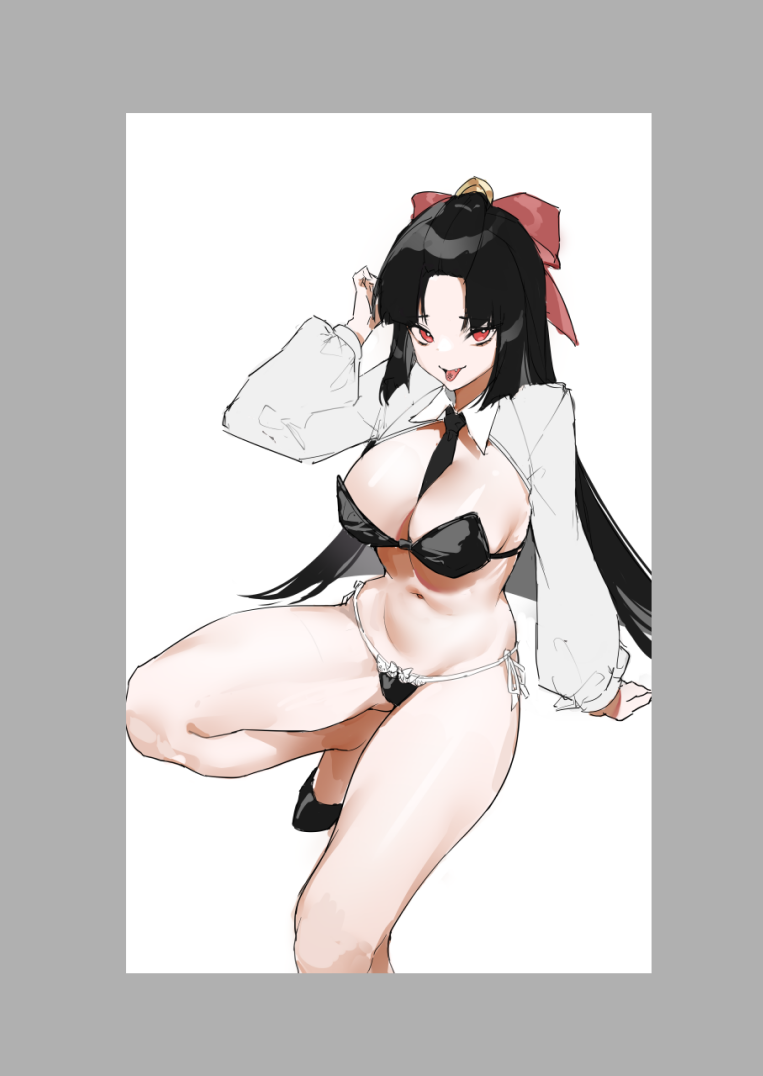 alternate_costume black_hair hair_ribbon mato_seihei_no_slave medium_breasts puffy_sleeves red_eyes red_ribbon shikoku_(mato_seihei_no_slave) tattoo thighs tongue tongue_out tongue_tattoo