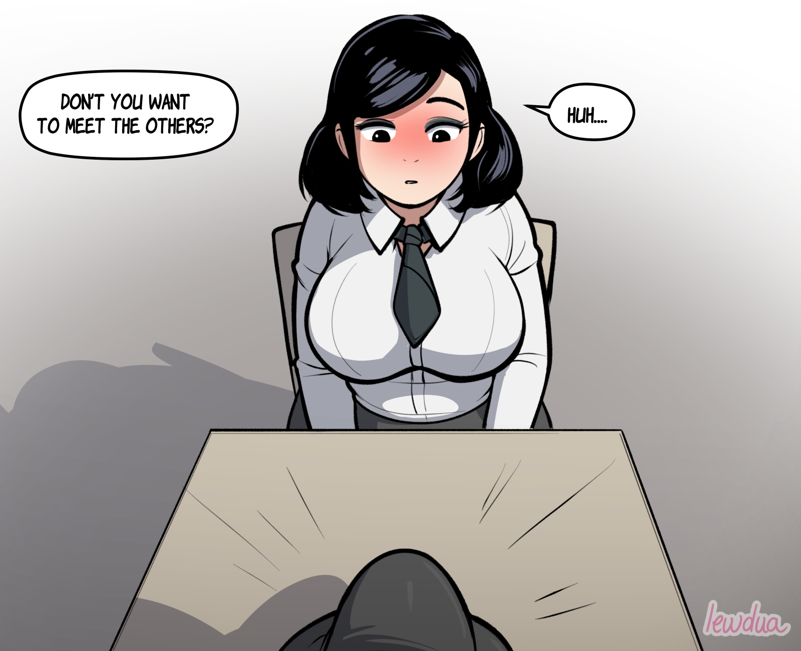 2futas, balls, big balls, big breasts, big bulge, big penis, blush, blushing, breasts, bulge, chloe (lewdua), exhibitionism, futa only, futa pov, futa with futa, futanari, implied futa, intersex, lewdua, looking at bulge, looking at penis, magali (lewdua), penis, school uniform, solo focus, text, uncensored