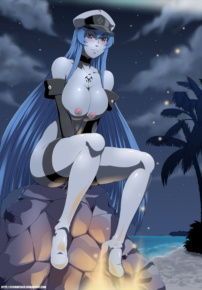 1girls, akame ga kill!, blue hair, blush, breasts, esdeath (akame ga kill!), female, female only, large breasts, light skin, light-skinned female, nipples, outdoors, pale skin, pale-skinned female, sky, smile, solo, uncensored
