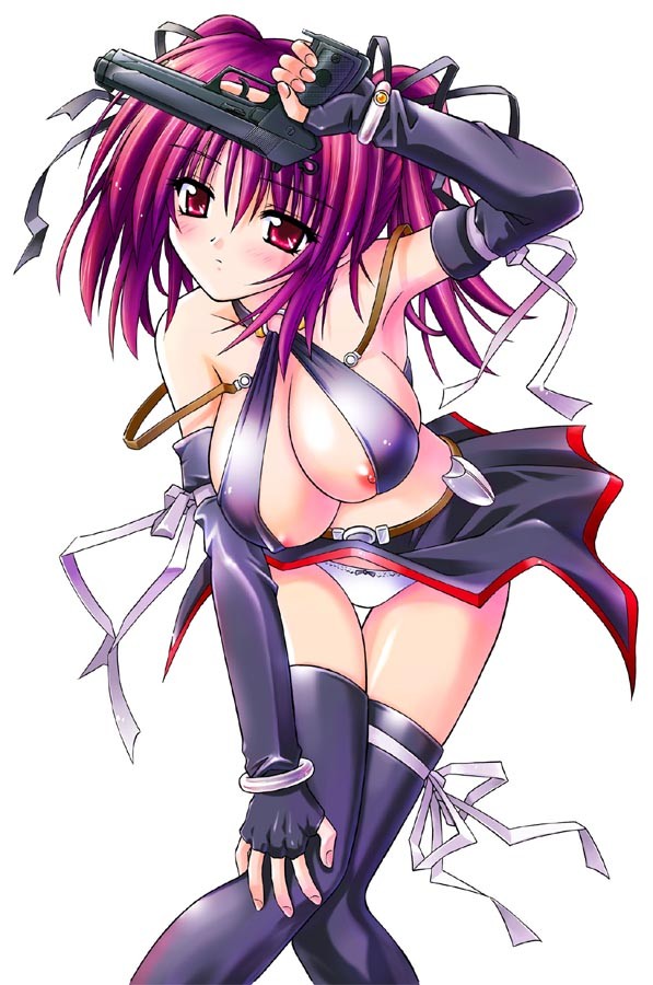 1girls angelical_pendulum areola_slip areolae arm_ribbon arm_up armpits bangs bare_shoulders belt black_gloves black_legwear black_thighhighs blush bow bow_panties bracelet breasts cleavage crop_top elbow_gloves embarrassed erect_nipples female fingerless_gloves gloves gun hair_ribbon halterneck handgun hanging_breasts holding hoshiyumi_chiseri jewelry large_breasts leaning_forward leg_grab looking_at_viewer matra_milan midriff nipple_slip nipples no_bra o-ring_top official_art panties pantyshot pantyshot_(standing) payot pistol purple_hair red_eyes red_hair ribbon semiautomatic shiny shiny_clothes short_hair short_twintails sideboob simple_background skirt skirt_lift solo standing steyr_gb strap strap_slip thigh_gap thigh_ribbon thighhighs thighs tied_hair trigger_discipline twintails underwear weapon white_panties wind_lift