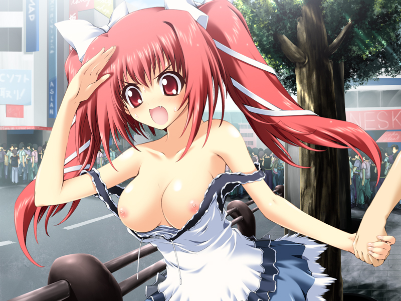 blush bow breasts city cleavage cute_fang dress endoh_ifrina game_cg hair_ribbon hand_holding long_hair mitsuki_mantarou nipples open_clothes open_mouth open_shirt pink_hair red_eyes red_hair ribbon shirt skirt tied_hair twintails wardrobe_malfunction