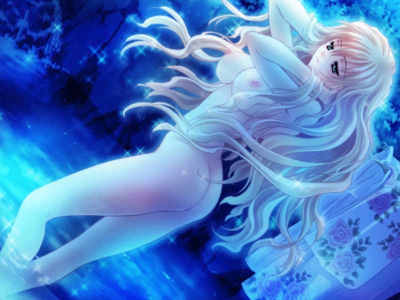 bath bathing blonde_hair breasts carnelian futaba_riko game_cg green_eyes large_breasts long_hair night nipples nude sparkle touka_gettan water